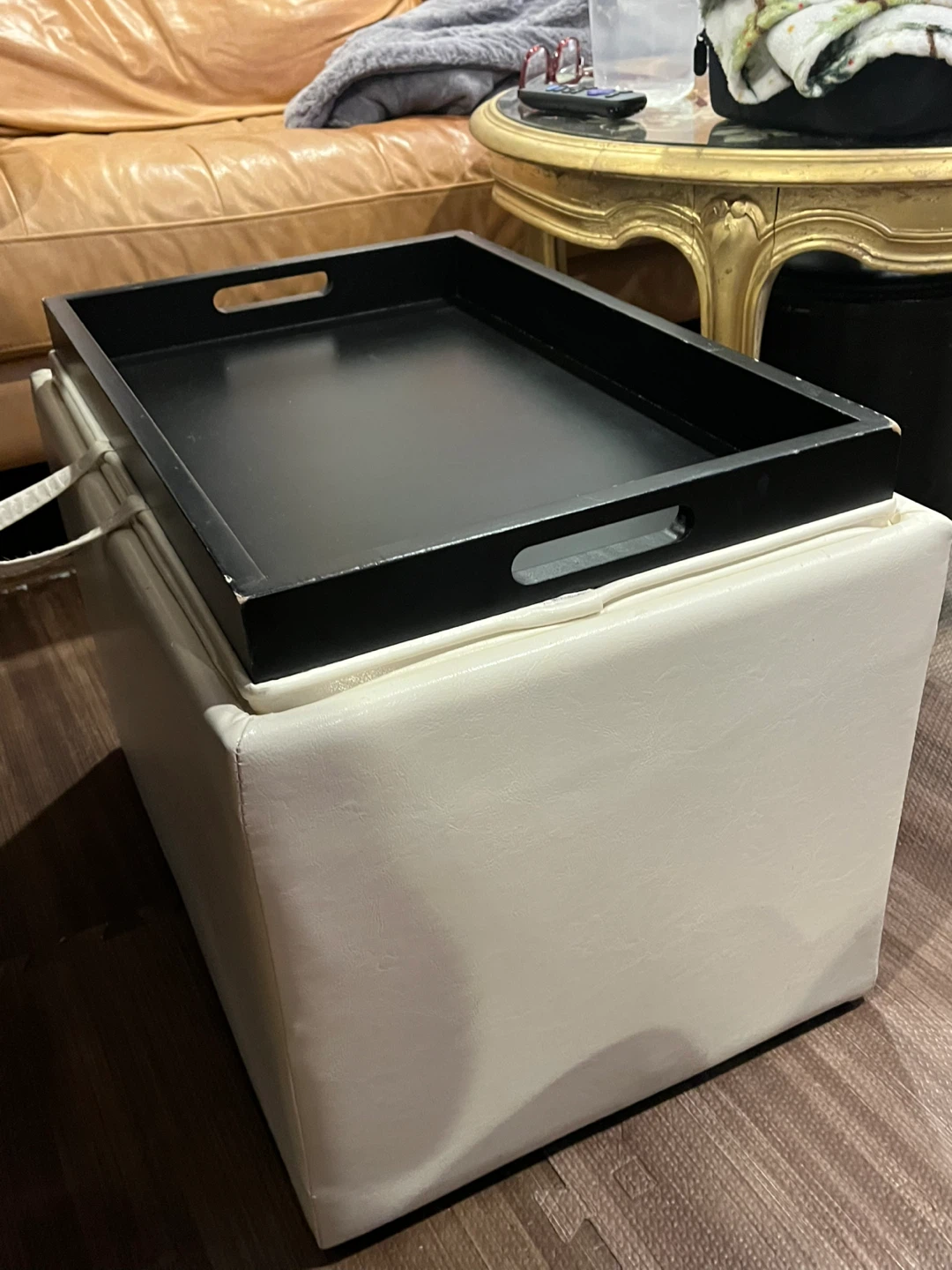 White Faux Leather Storage Ottoman with Serving Tray - photo 2