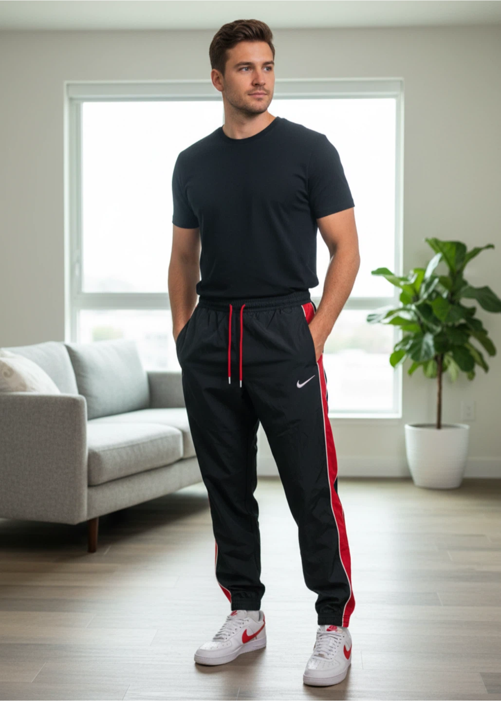 Nike Men's Track Pants - Black and Red, Size M