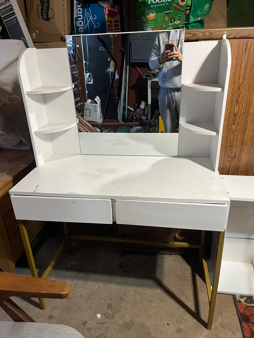 White Vanity Table with Mirror and Shelves