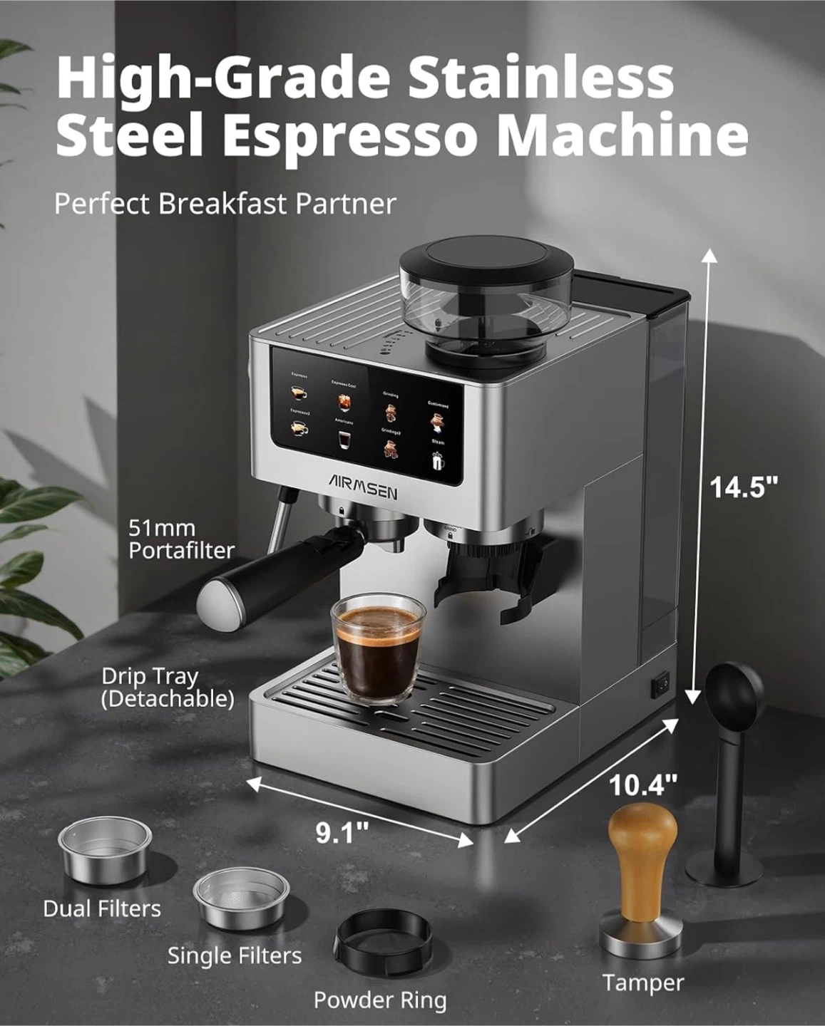 AIRMSEN Espresso Machine with Grinder, 20 Bar - photo 2