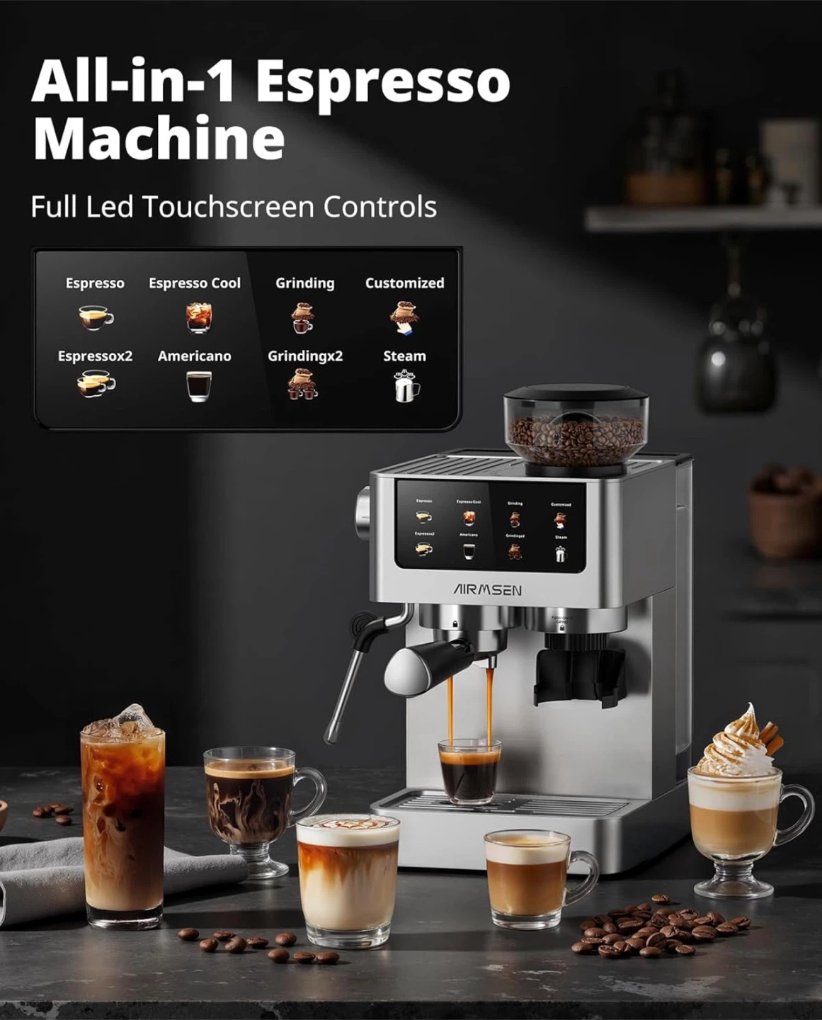 AIRMSEN Espresso Machine with Grinder, 20 Bar - photo 3