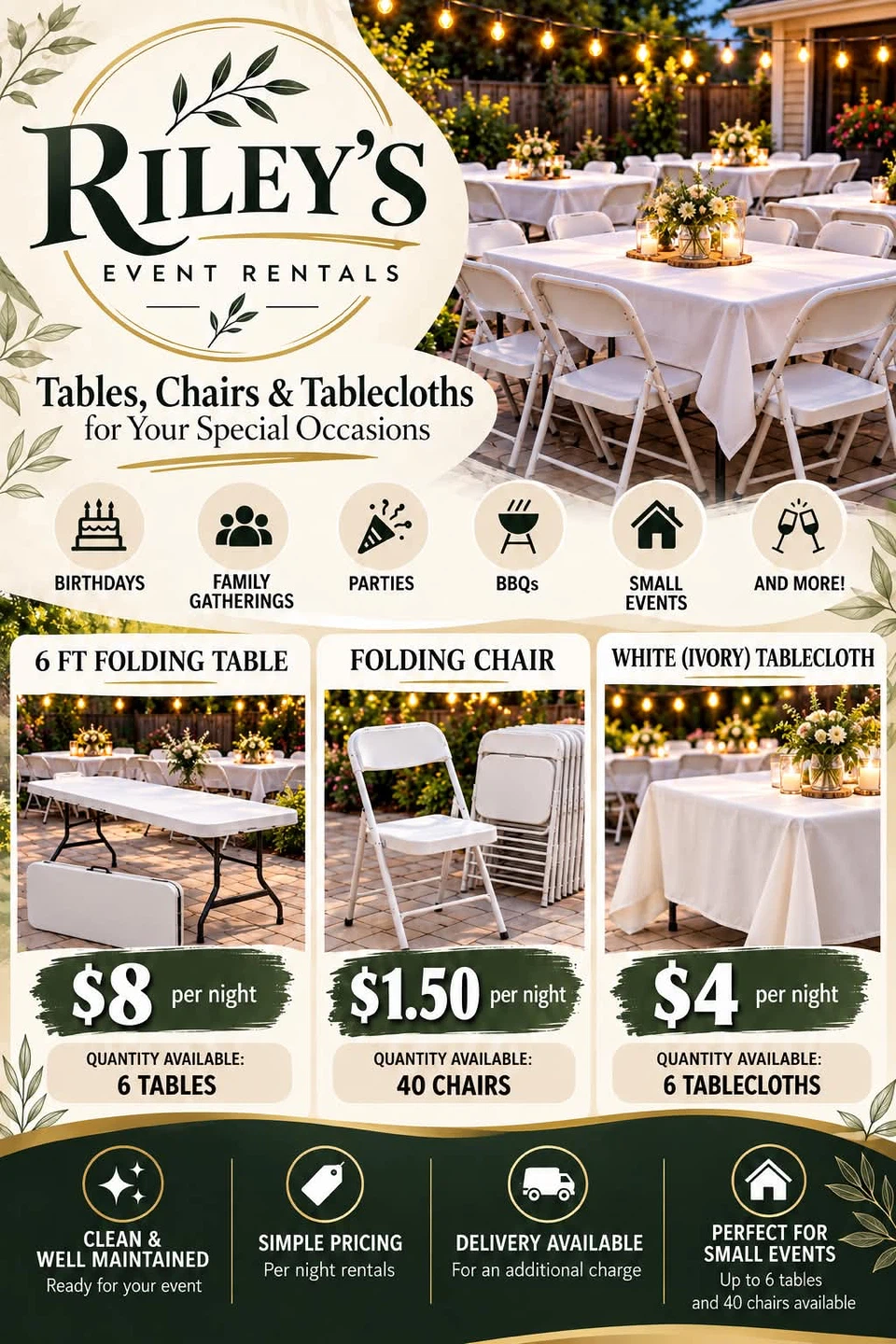 Table and chairs rentals