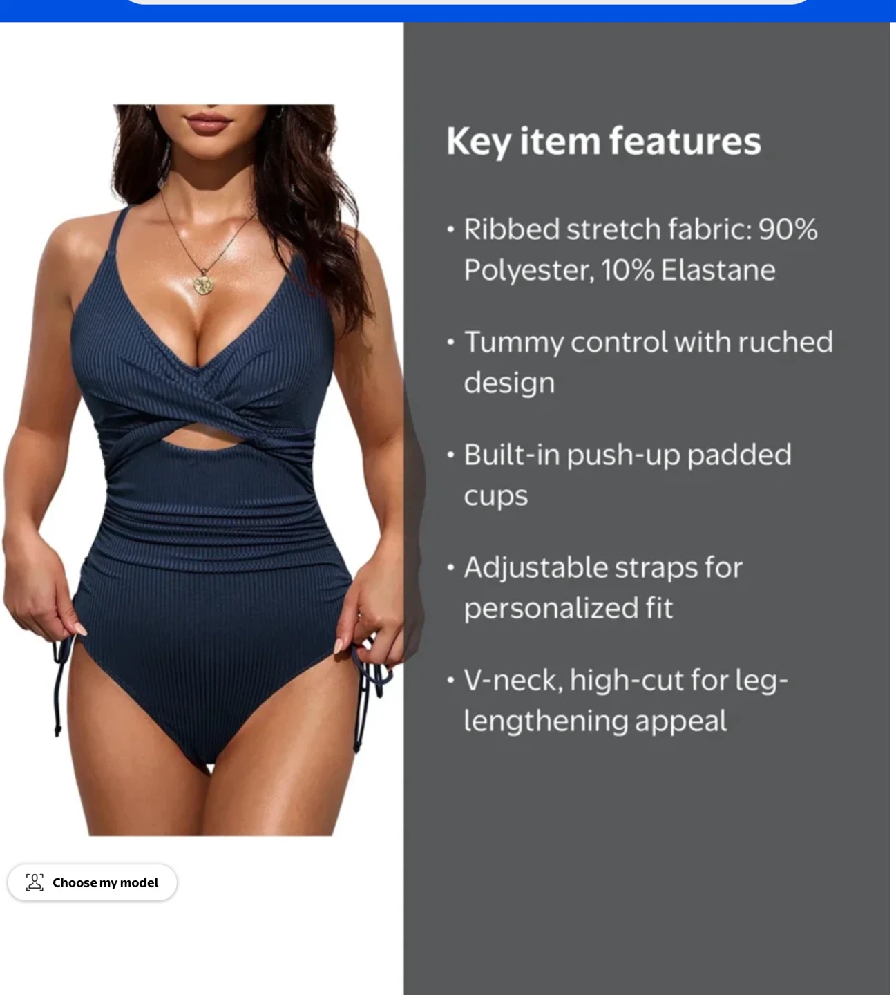 Navy Blue One Piece ribbed Swimsuit - L