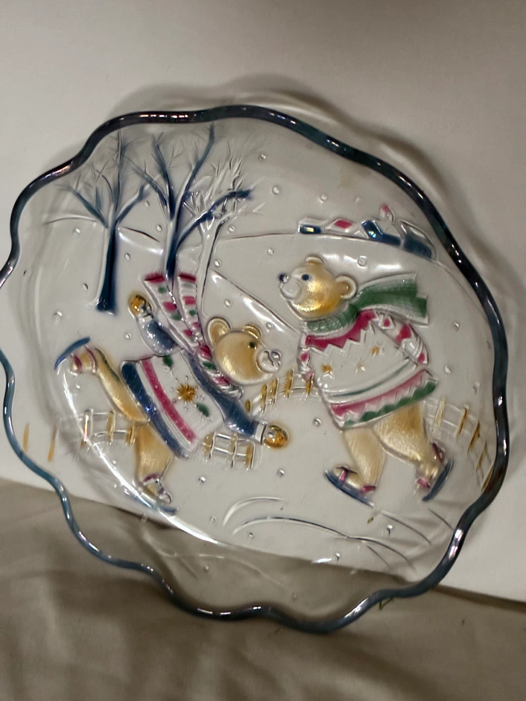 Vintage Mikasa Christmas Skating Teddy Bears Glass Platter decor