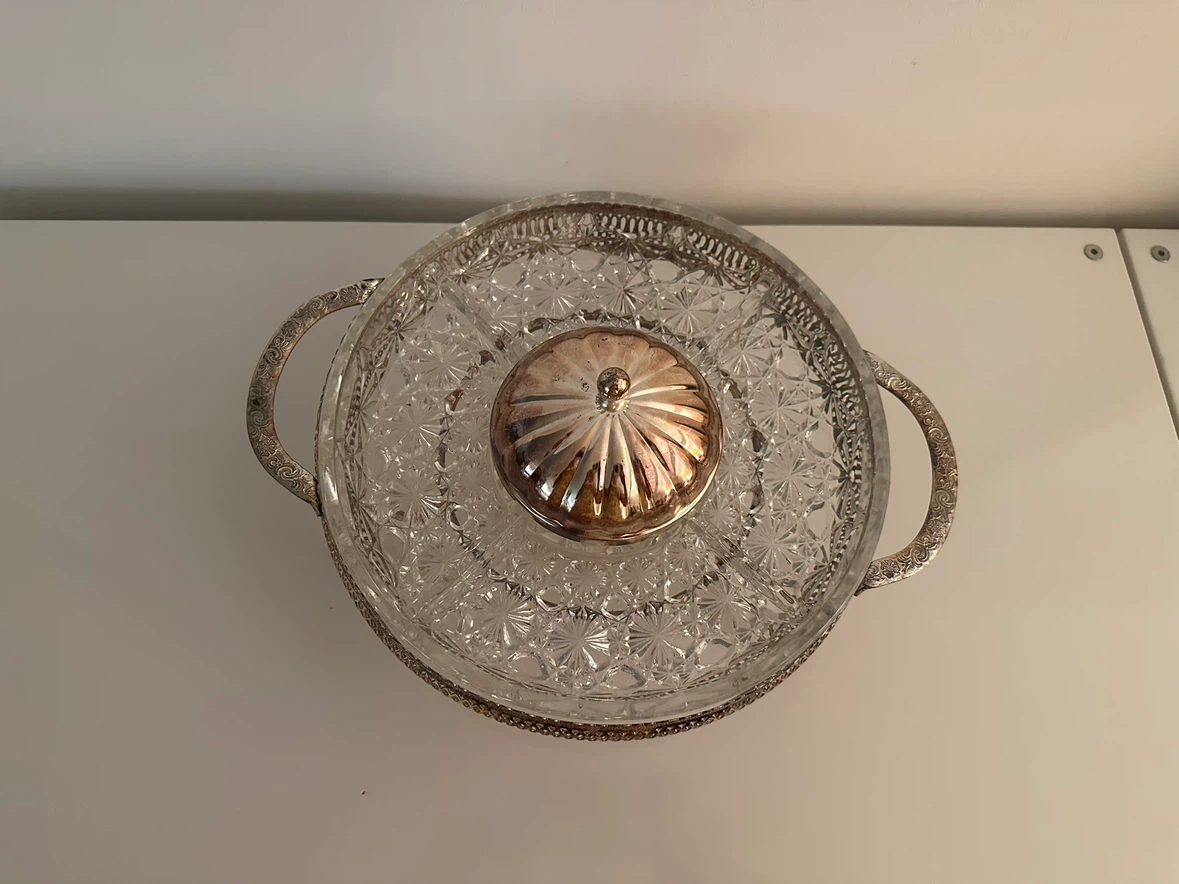 Vintage Crystal Relish Dish with Silver-Plated Stand