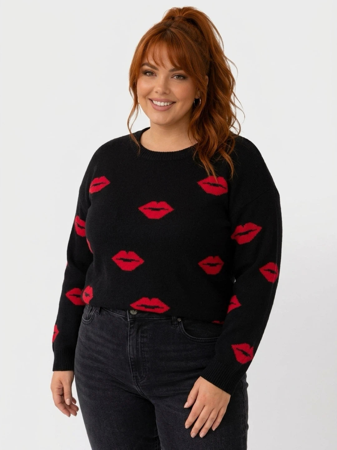 Black Sweater with Red Lips Print