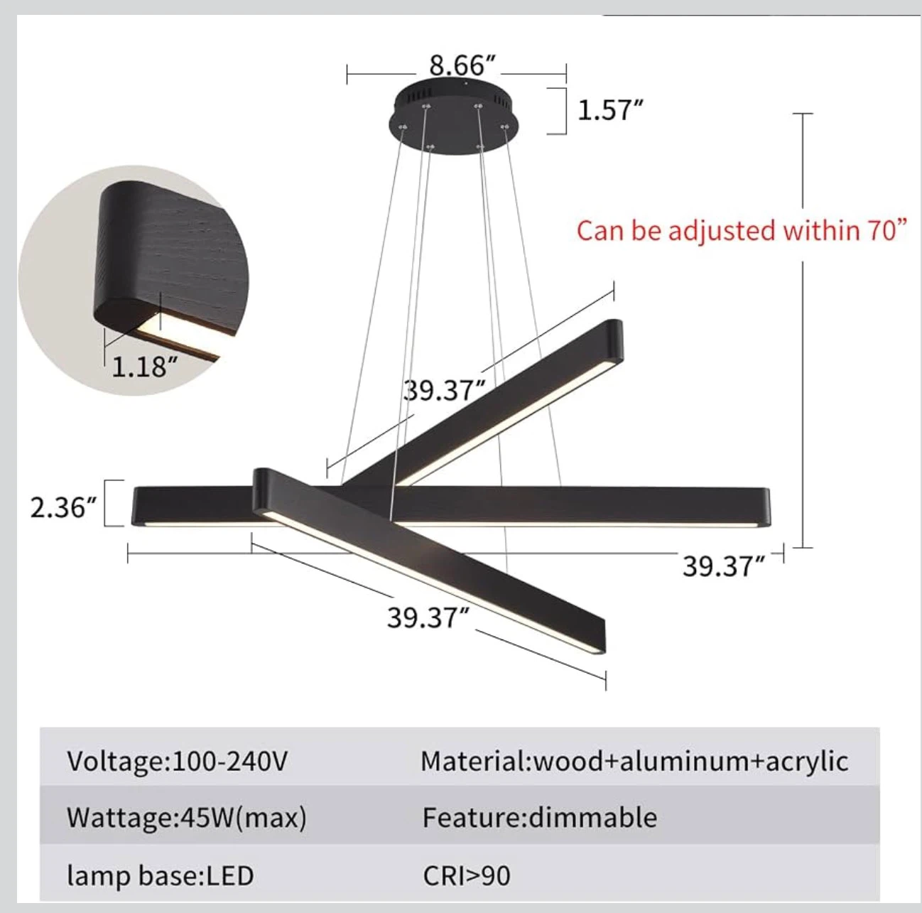 YISDESIGN 3-Light Solid Wood Black Linear Pendant Light - photo 4