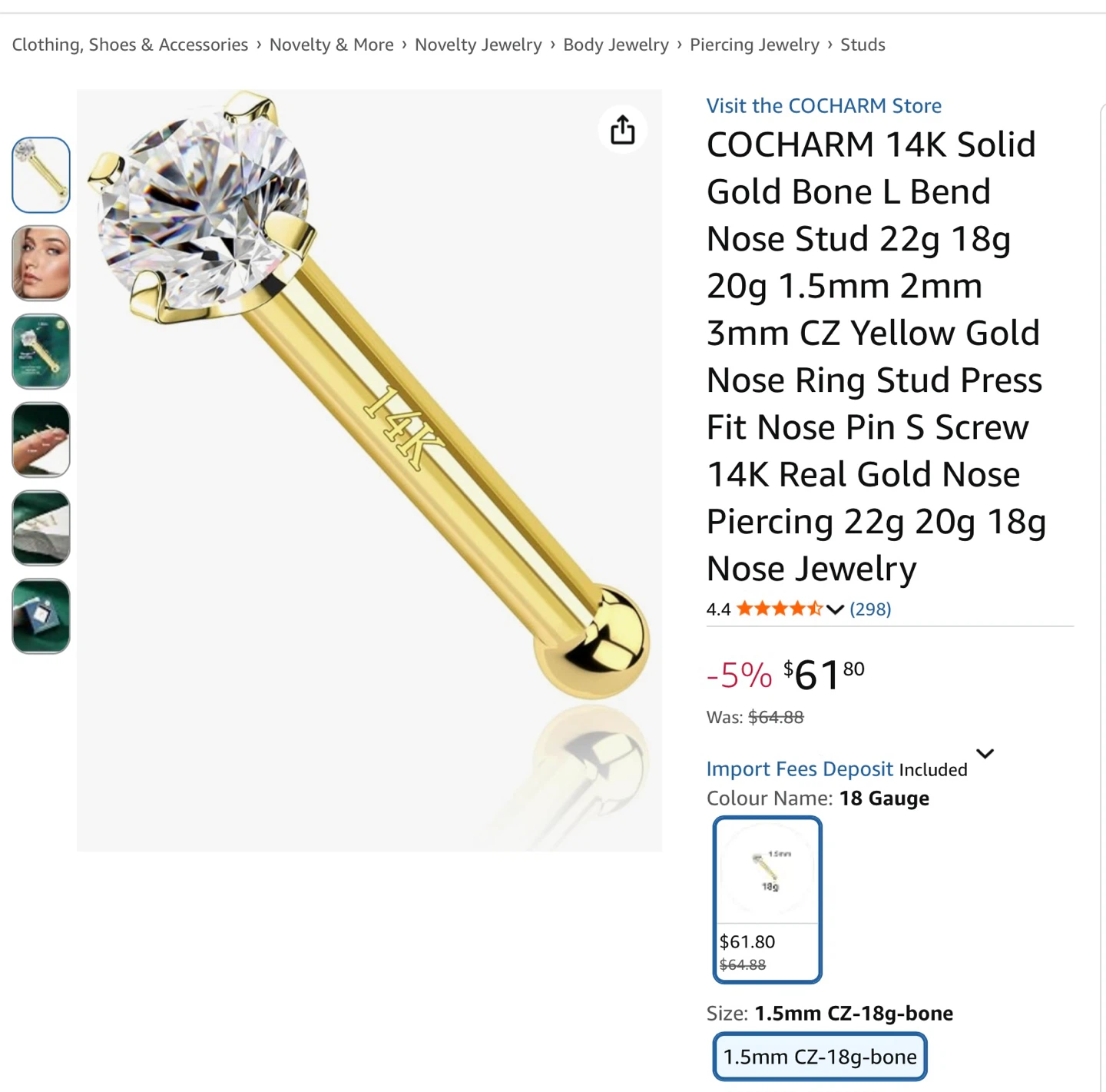 Cocharm 14k Solid Gold Cubic Zirconia Nose Stud - photo 3