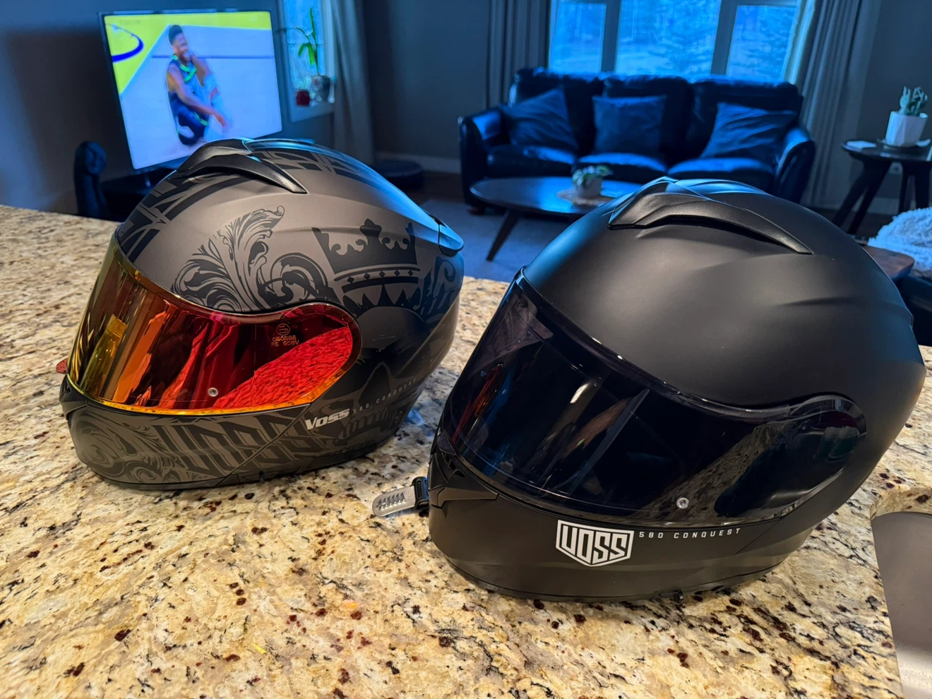 Two Voss 580 Conquest Motorcycle Helmets