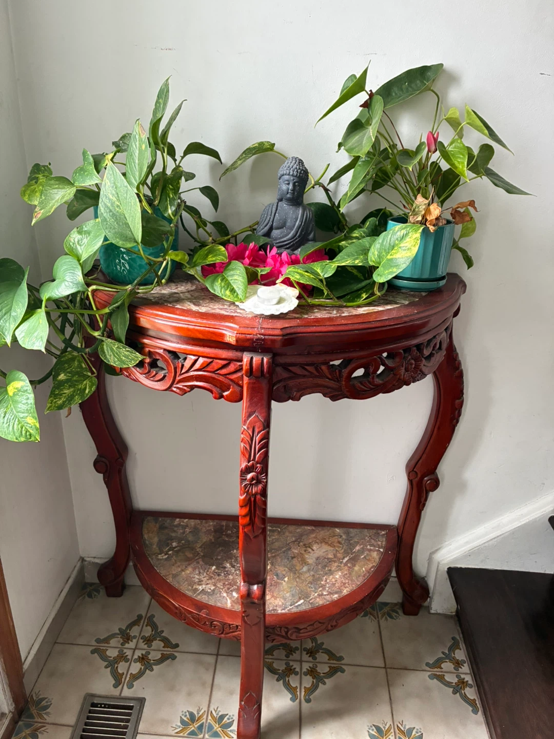 Ornate Half-Moon Wood Console Table with Marble Top