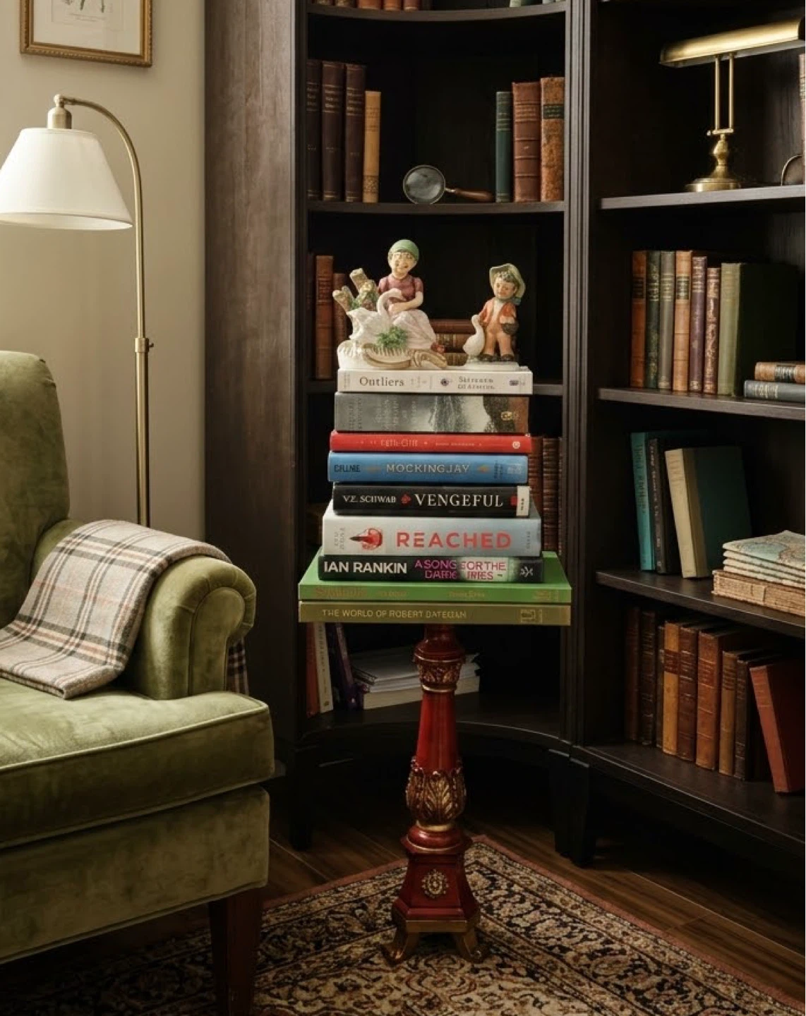 Red Accent Pillar, Vintage Figurines & Book Stack