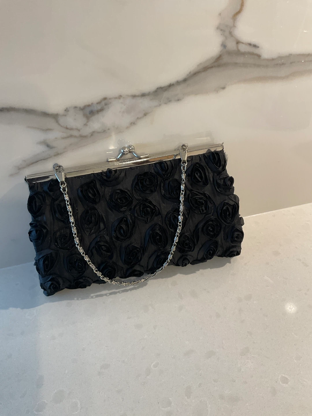 Black Rose Detail Clutch with Chain Strap