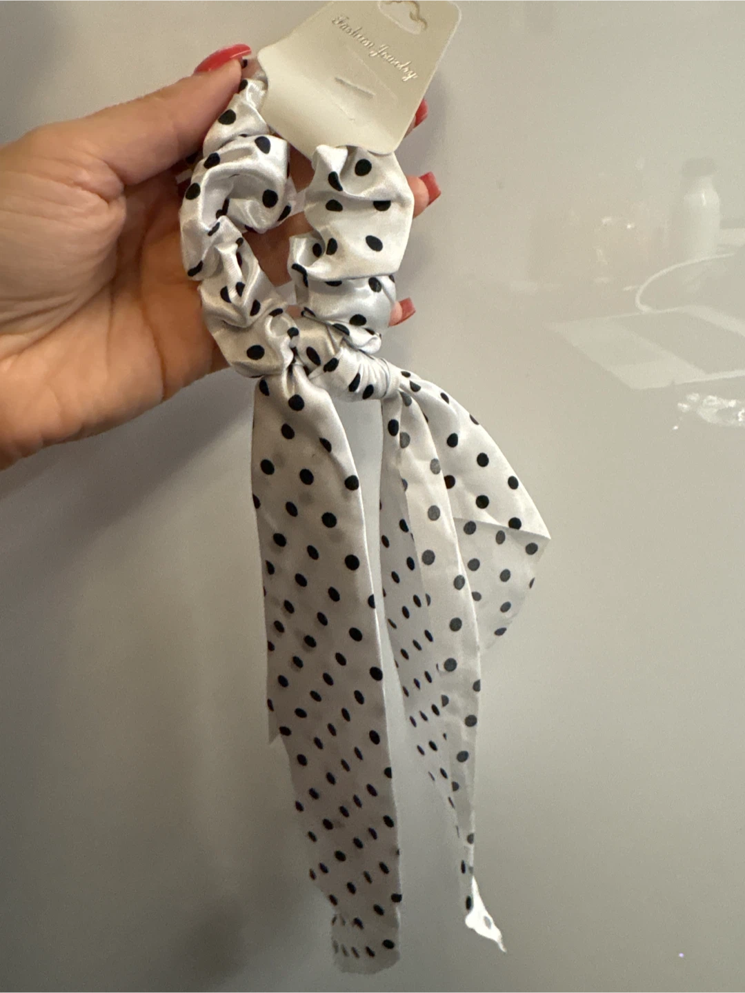 White Polka Dot Scrunchie with Ribbon
