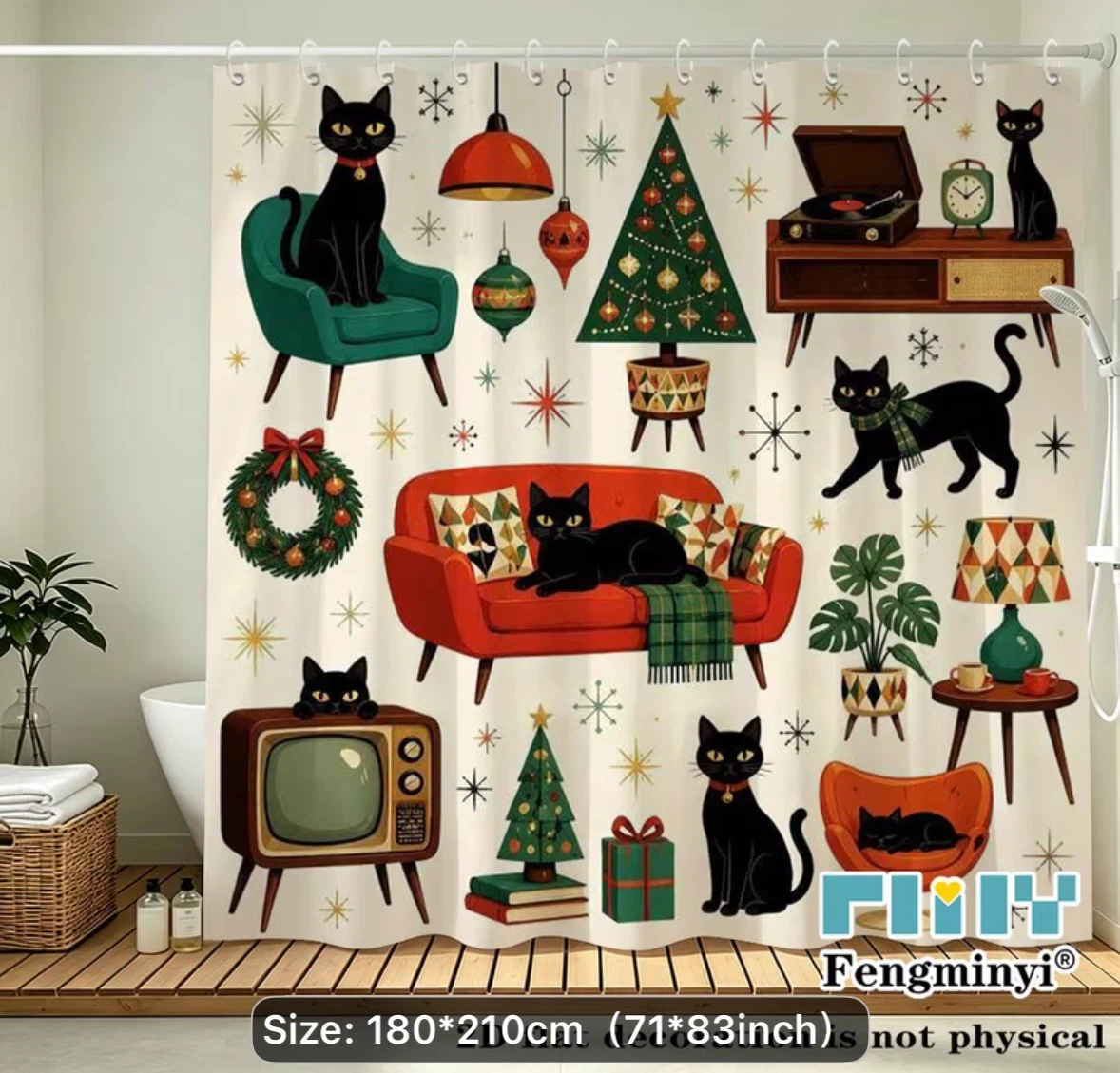 Premium Christmas Atomic Black Cat Shower Curtain