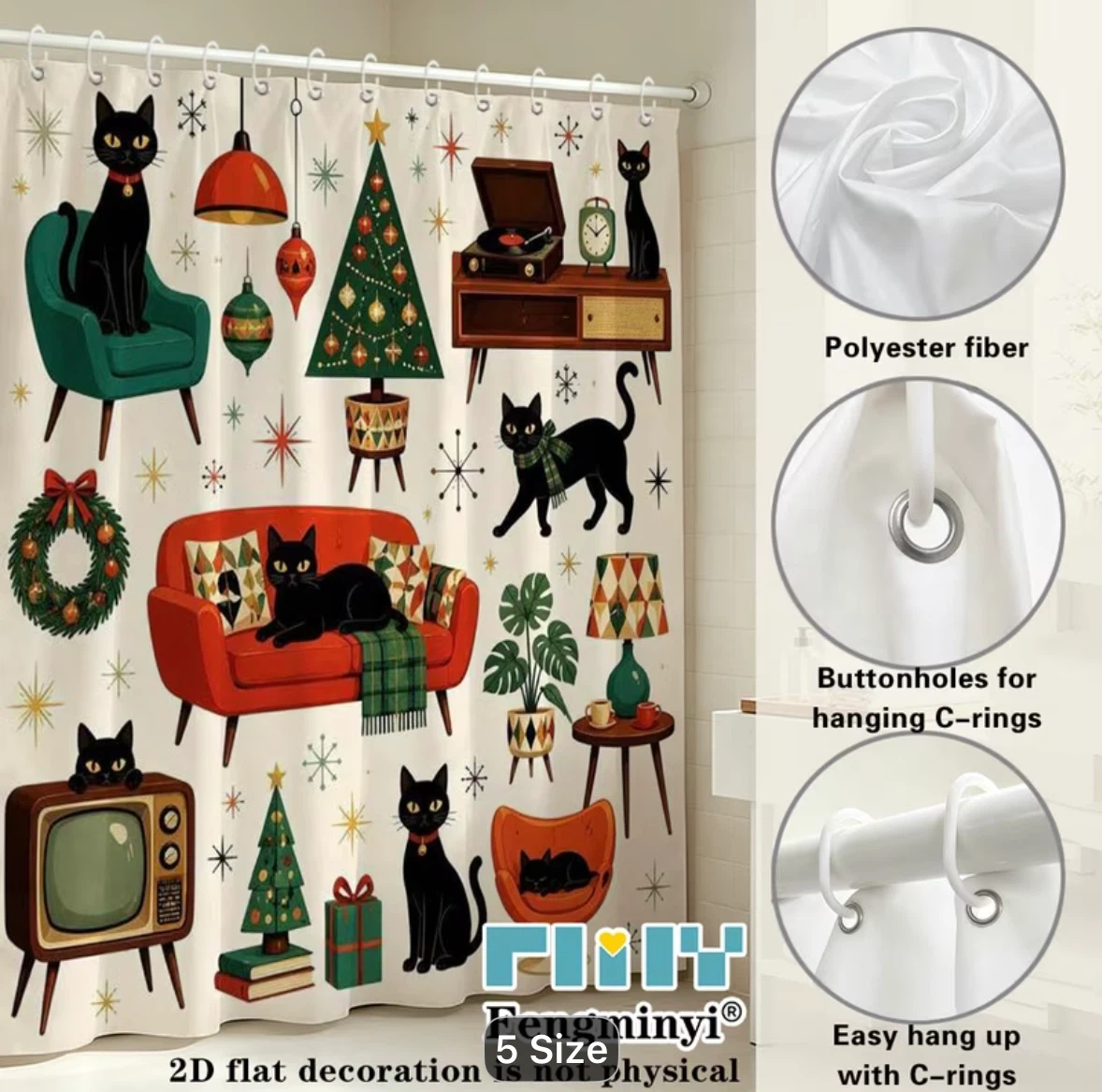 Premium Christmas Atomic Black Cat Shower Curtain - photo 3