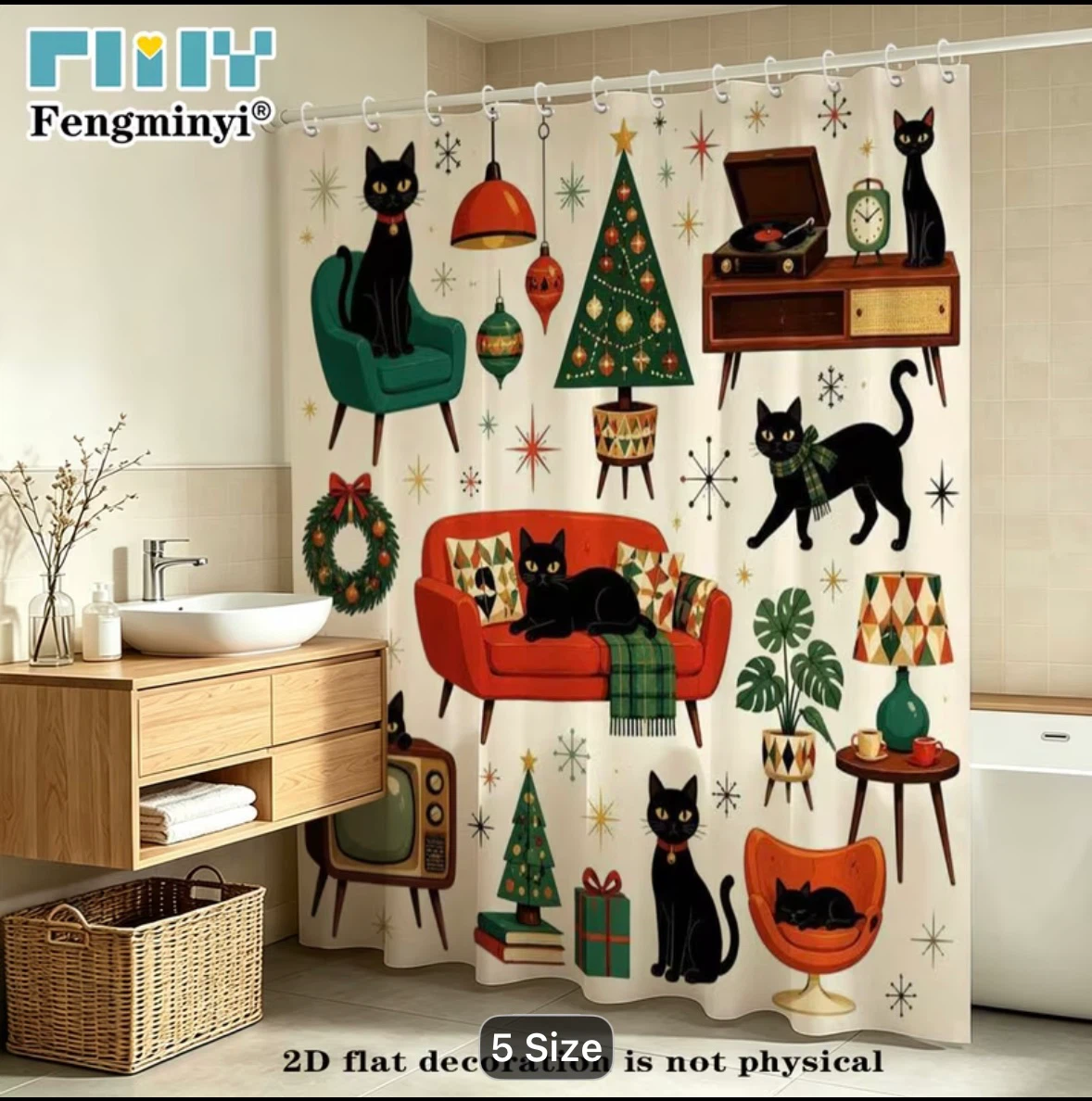 Premium Christmas Atomic Black Cat Shower Curtain - photo 4