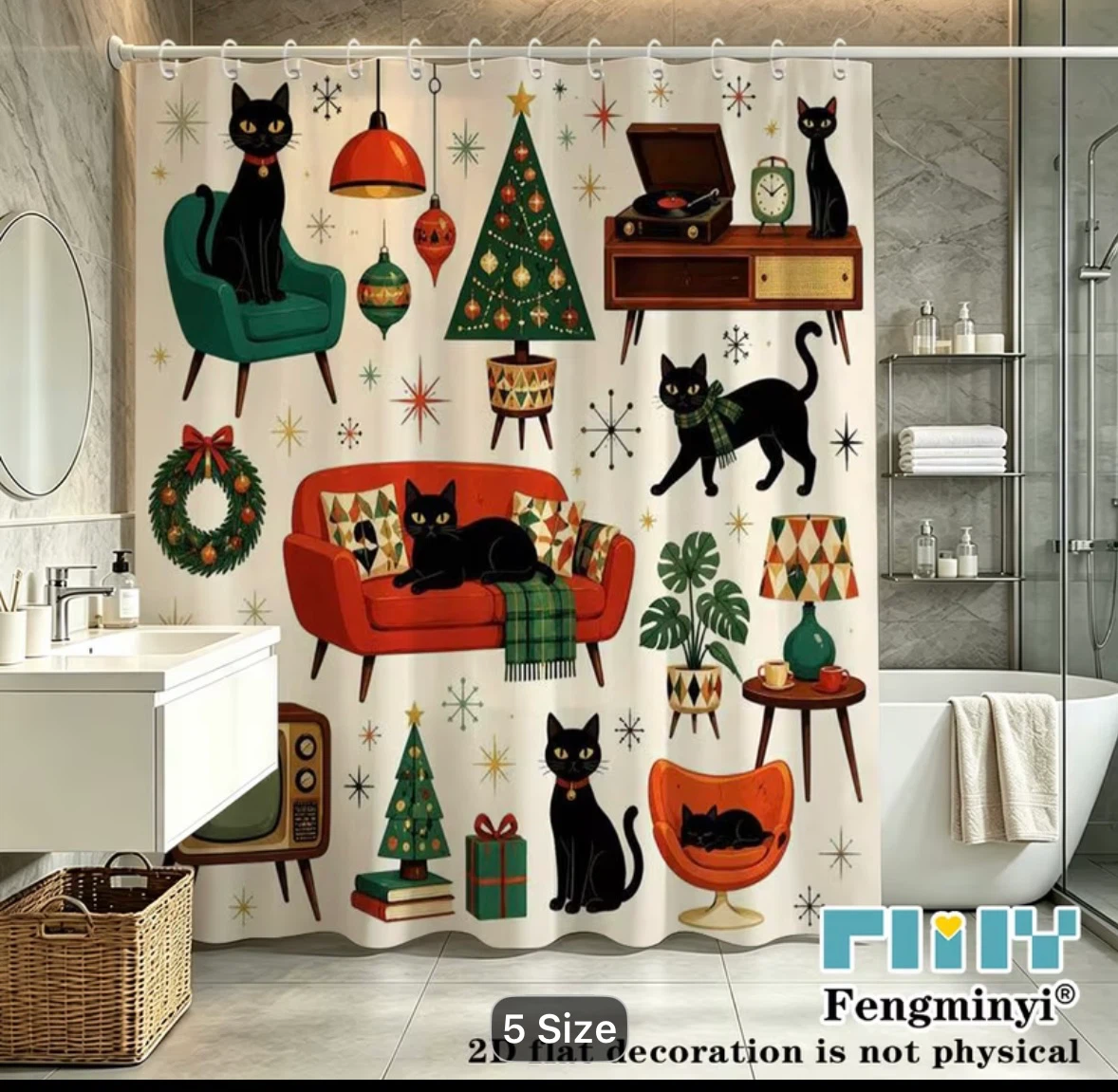 Premium Christmas Atomic Black Cat Shower Curtain - photo 5