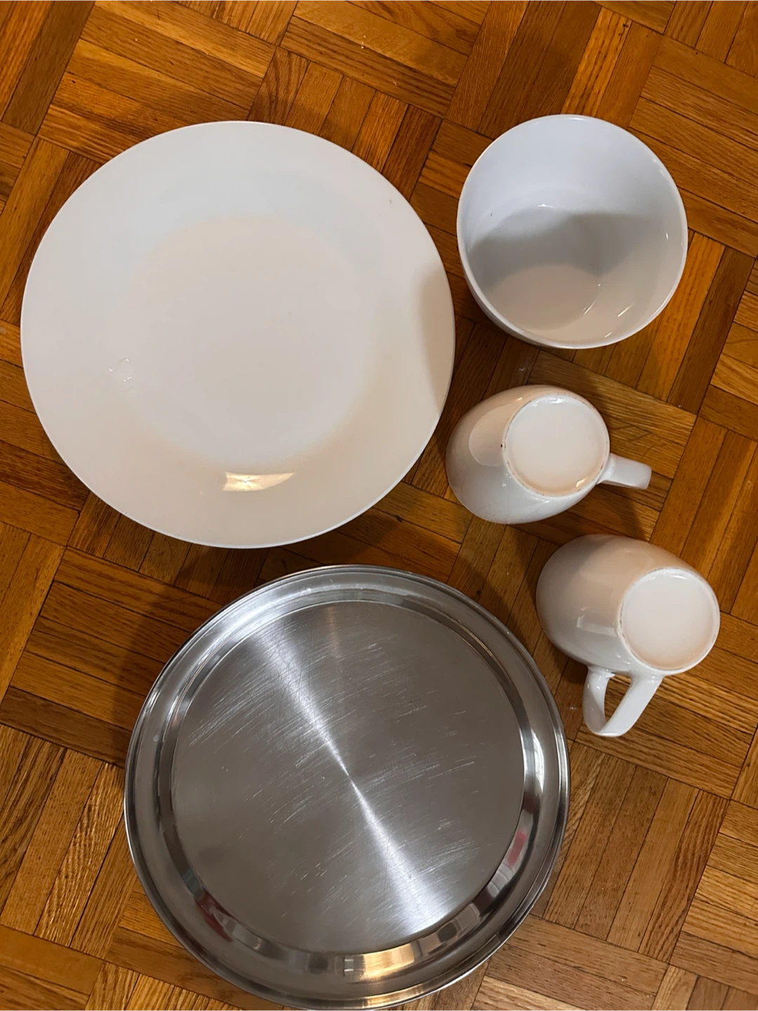 Assorted White Dinnerware and Stainless Steel Tray