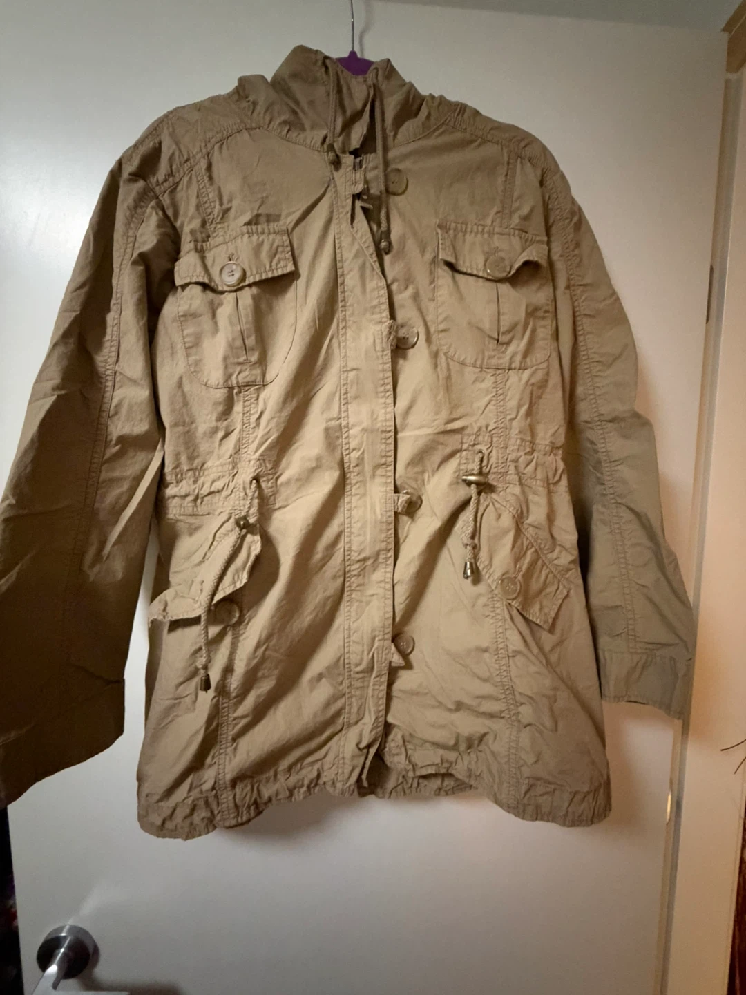 Plum hooded utility jacket, beige