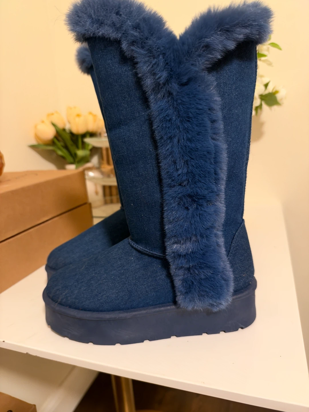 Blue Faux Fur Lined Denim Platform Boots