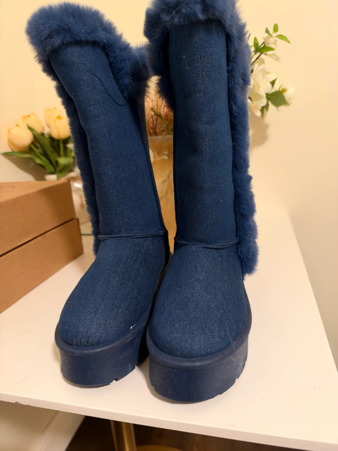 Blue Faux Fur Lined Denim Platform Boots - photo 2
