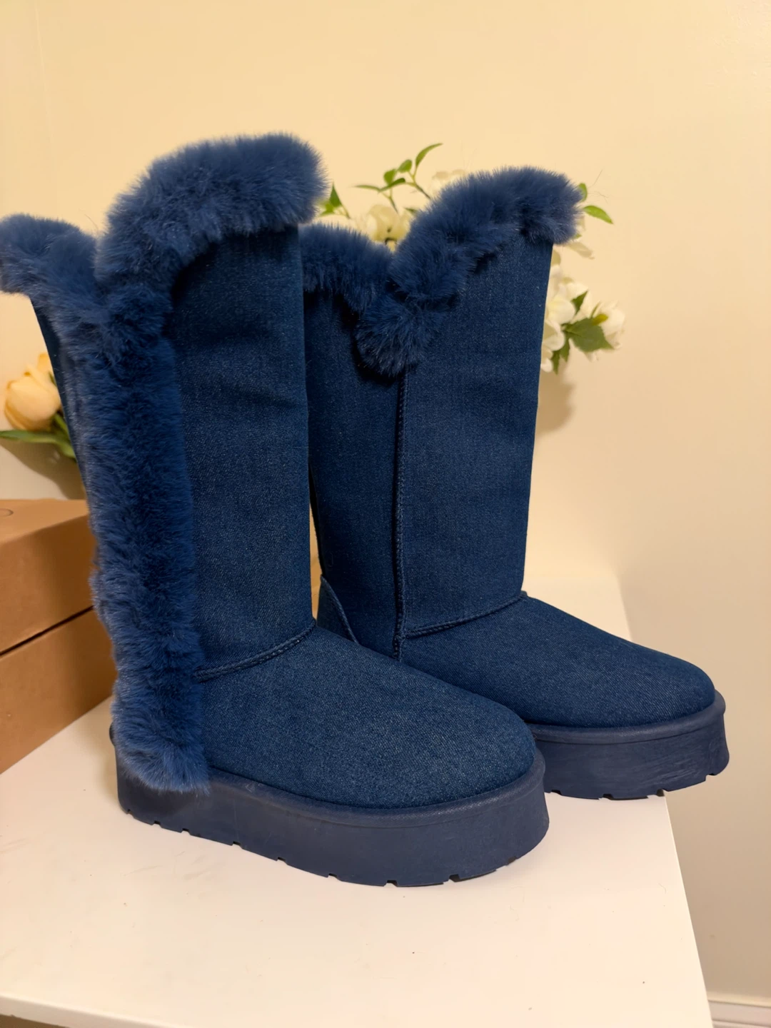 Blue Faux Fur Lined Denim Platform Boots - photo 5