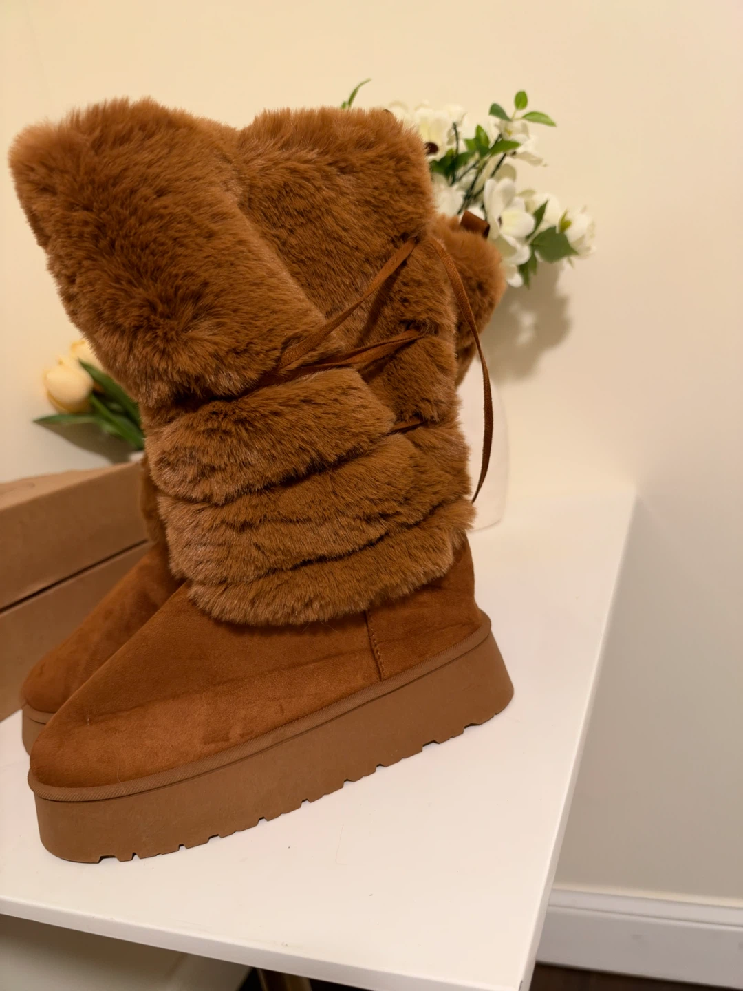 Brown Faux Fur Platform Boots - photo 3