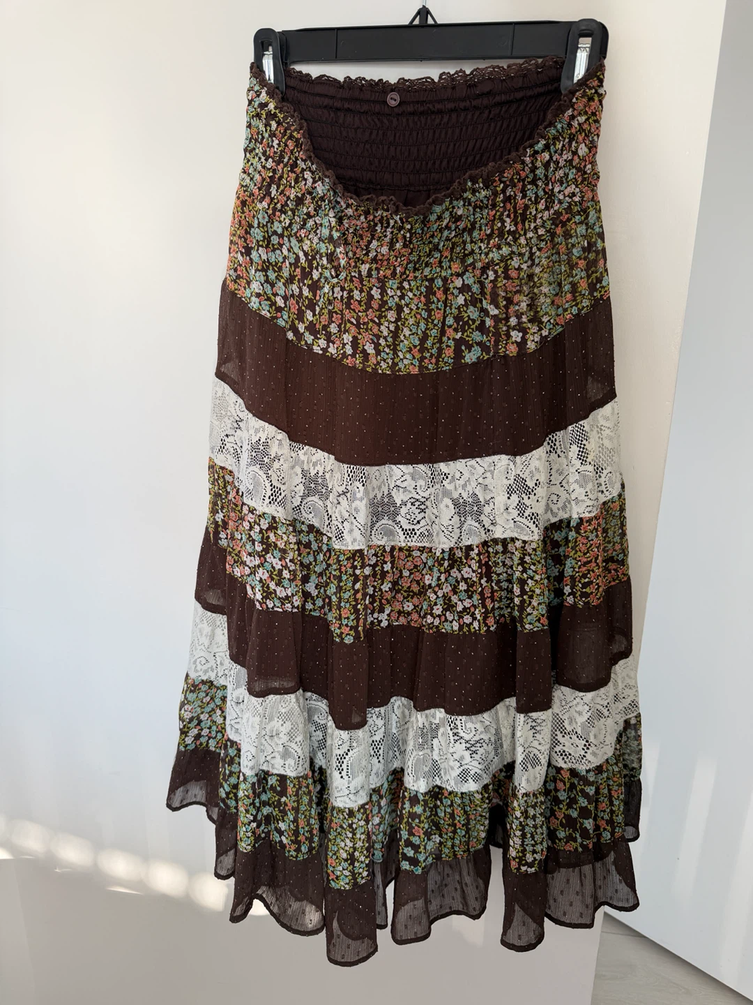 Brown Floral Lace Tiered Skirt