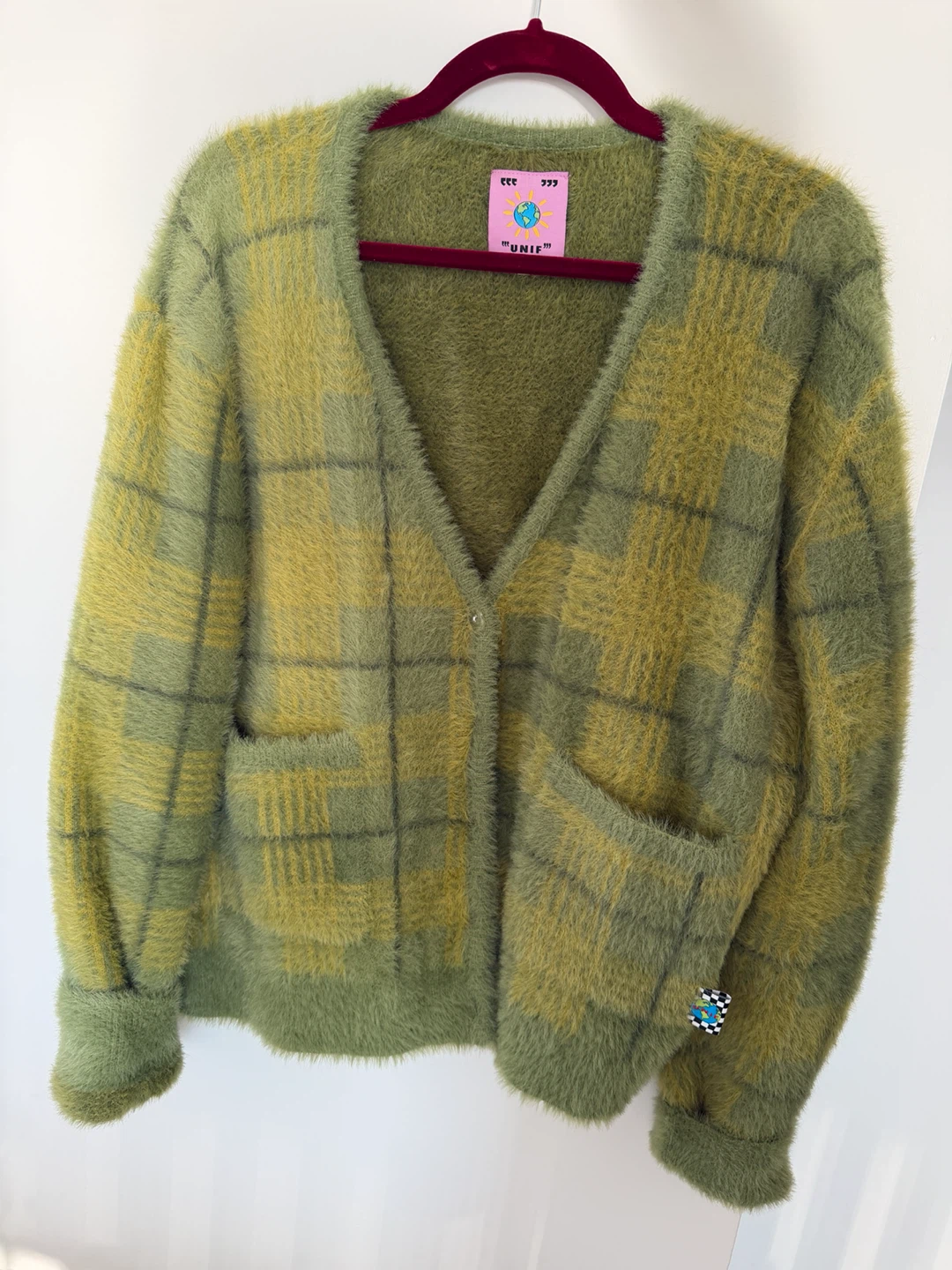 UNIF Green Plaid Fuzzy Cardigan