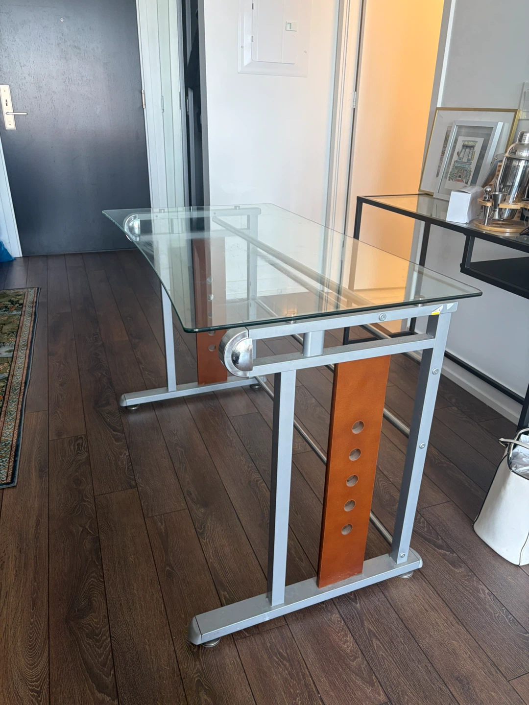 Modern Glass Desk with Metal and Wood Accents