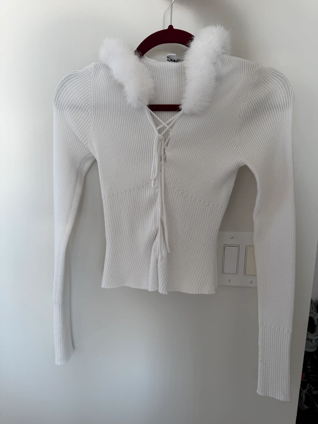 I Am Gia White Fur Trimmed Lace-Up Long Sleeve Top