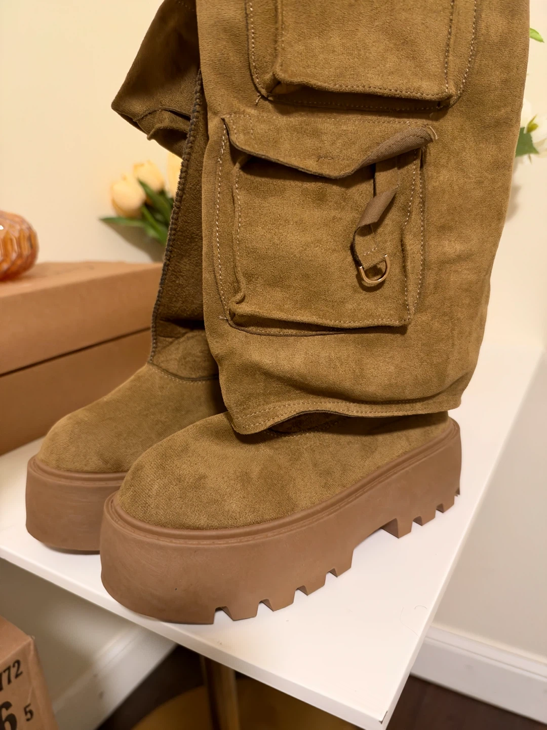 Brown Cargo Pocket Platform Boots