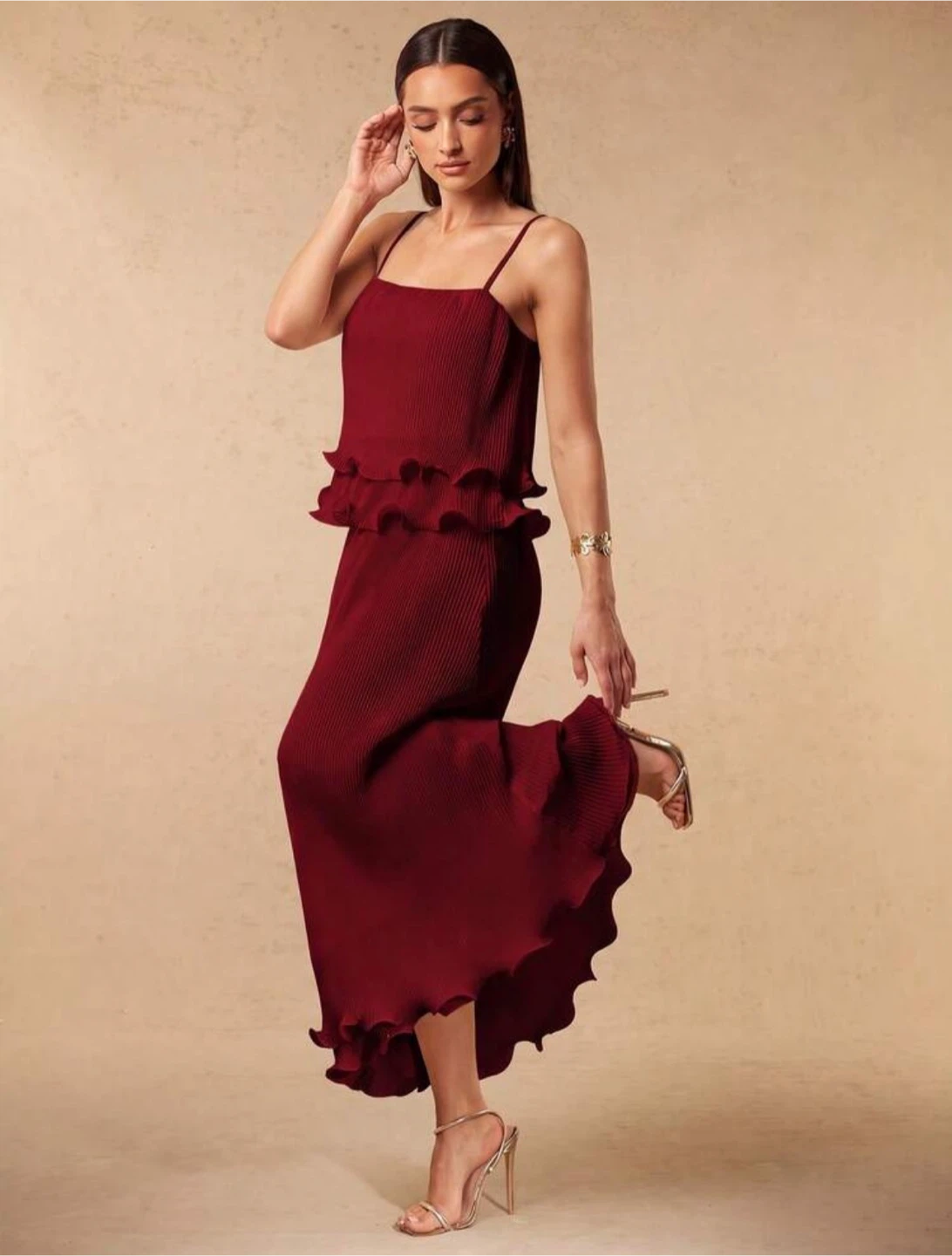 Burgundy Pleated Tiered Midi Dress