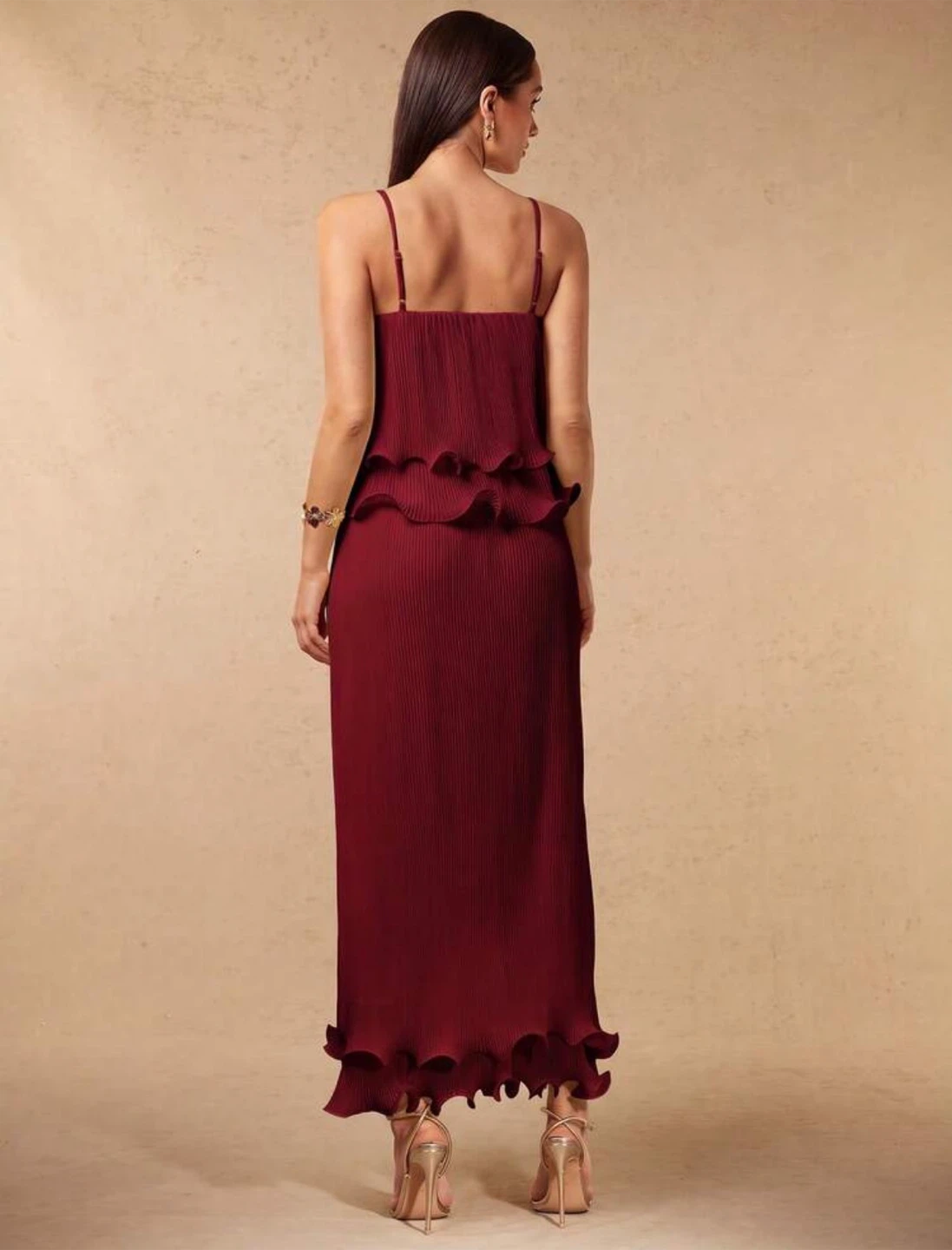 Burgundy Pleated Tiered Midi Dress - photo 2