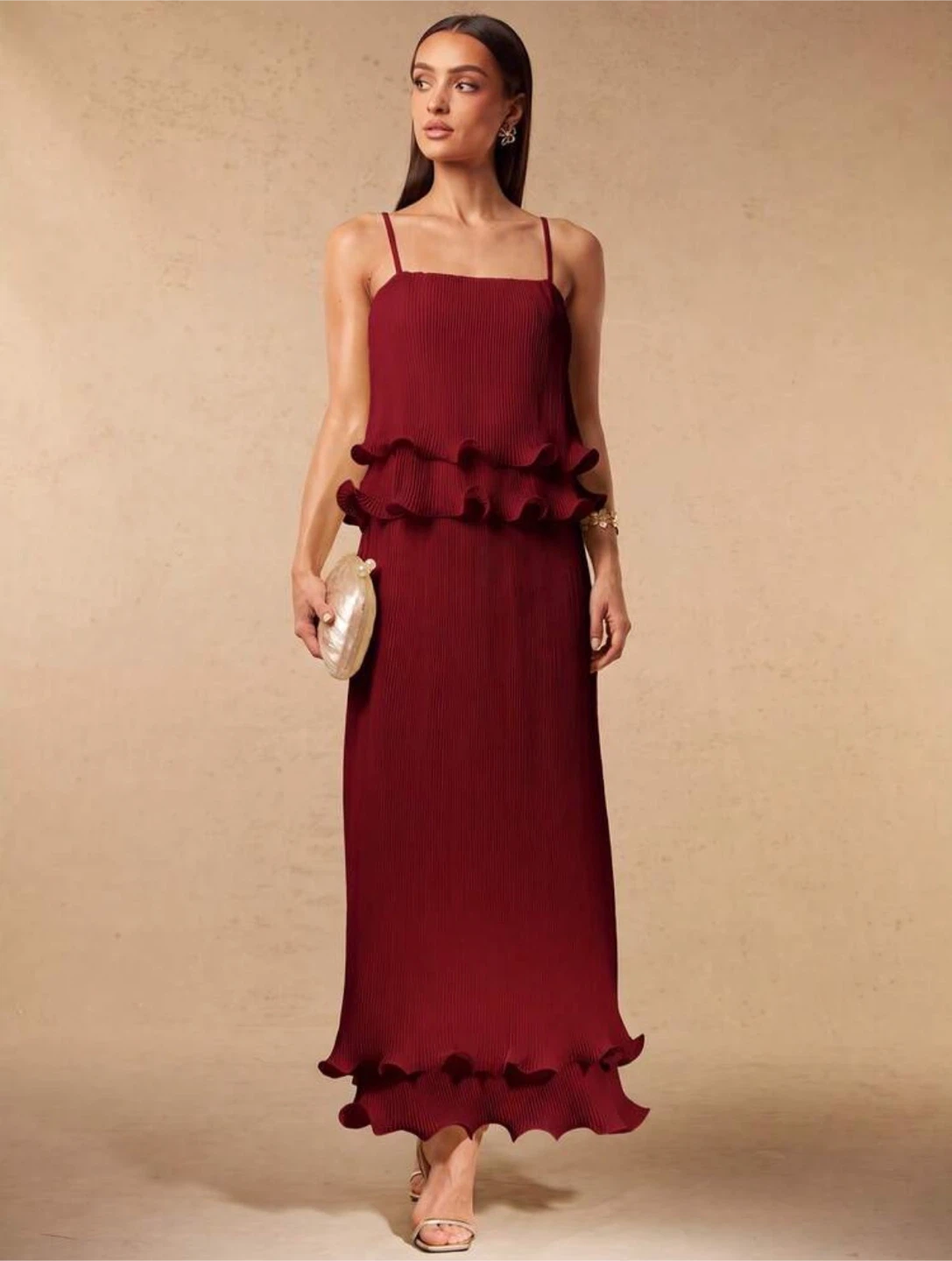 Burgundy Pleated Tiered Midi Dress - photo 3