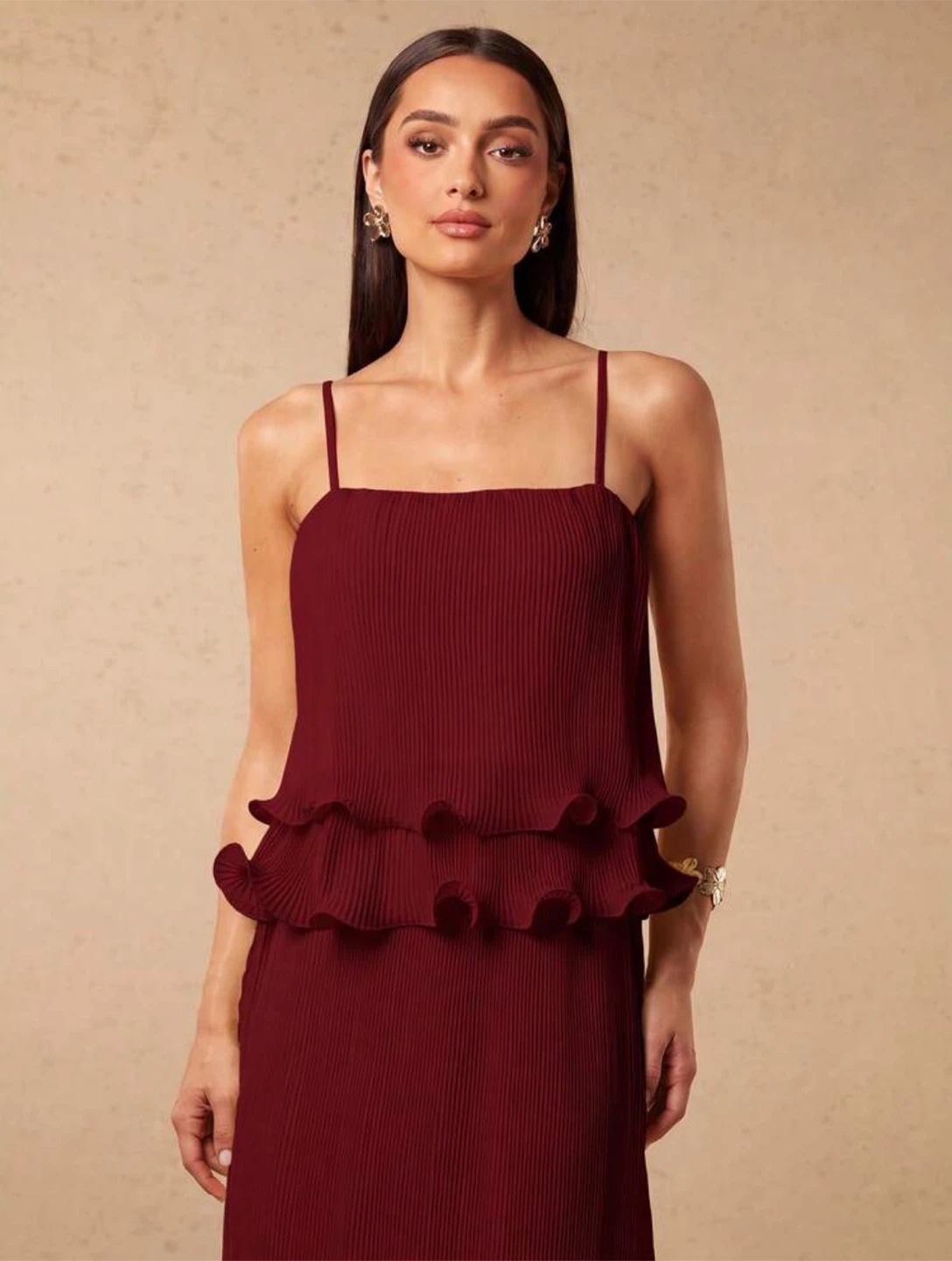 Burgundy Pleated Tiered Midi Dress - photo 4