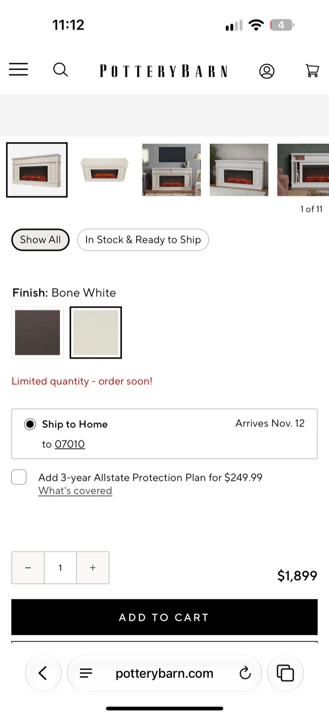 Pottery Barn Electric Fireplace in Bone White - photo 3