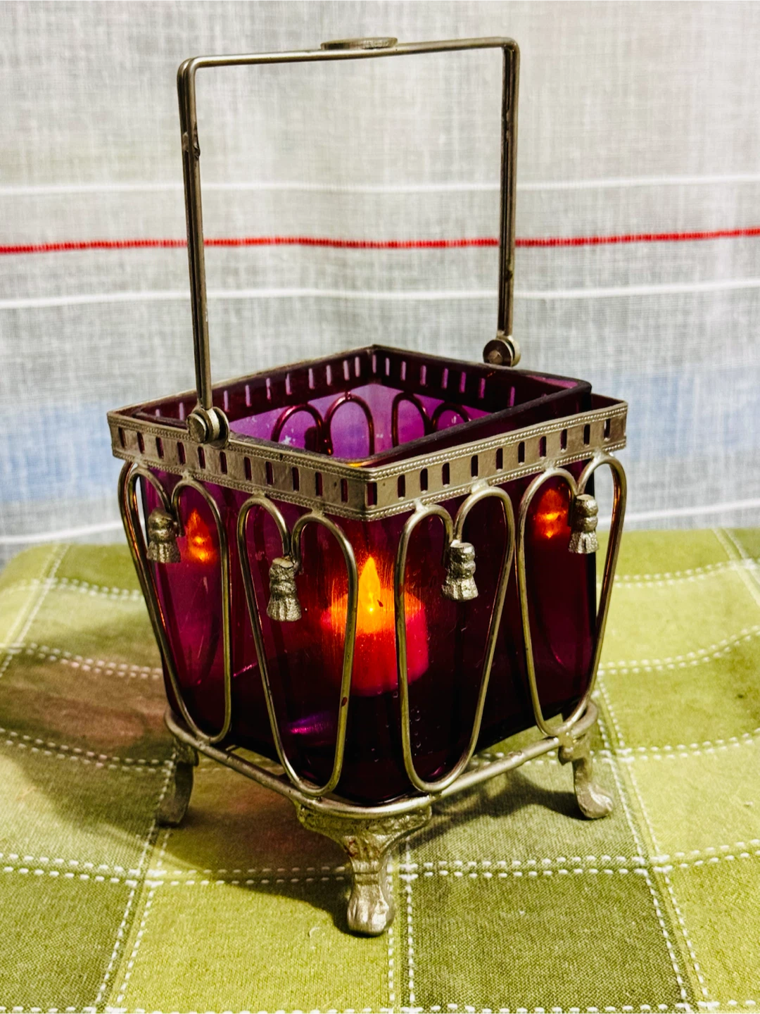 Vintage Purple Glass Candle Lantern