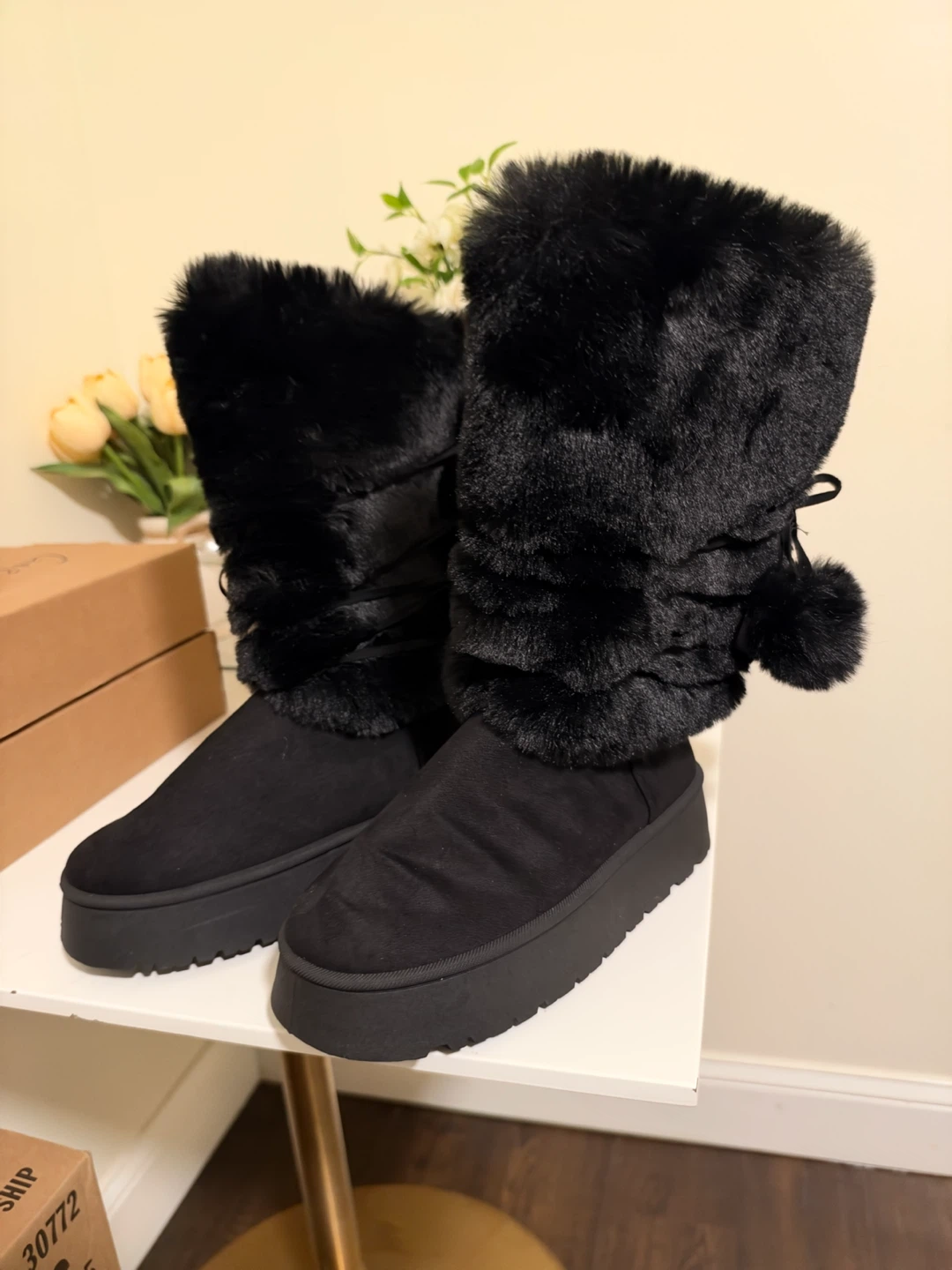 Black Faux Fur Platform Boots