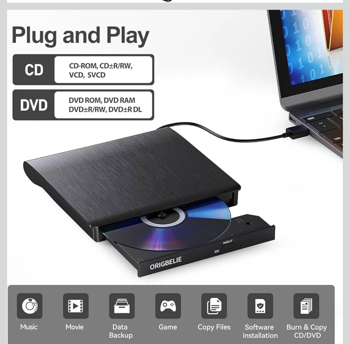 ORIGBELIE External CD/DVD Drive