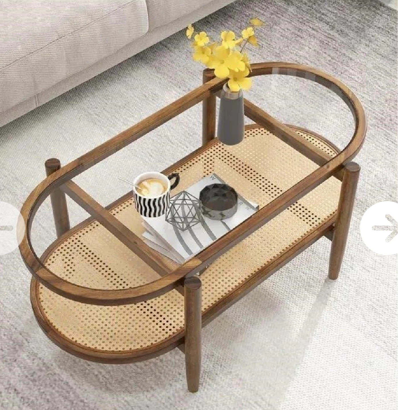Solid Wood and Rattan Oval Coffee Table JV11716