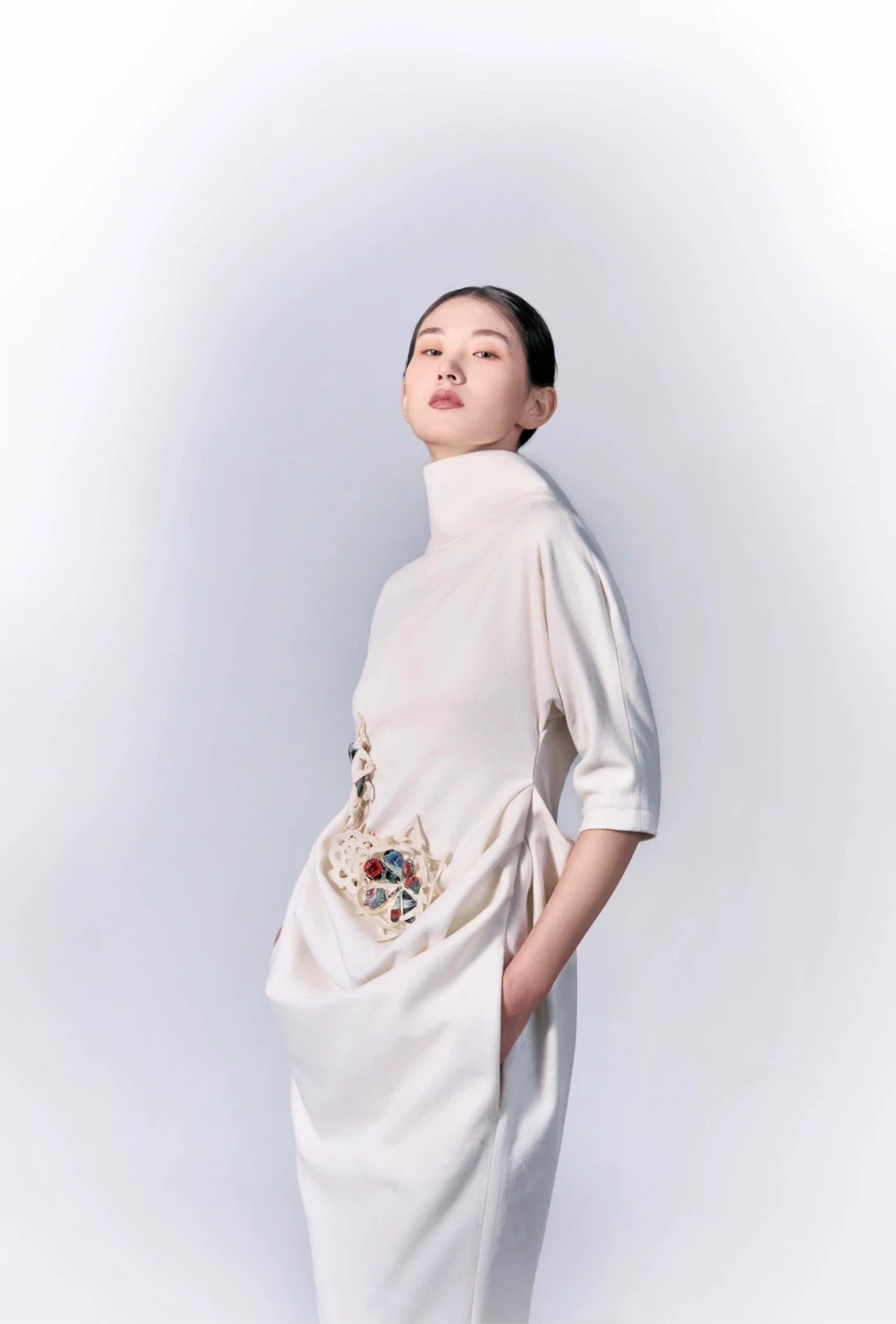 Cream velvet cheongsam dress