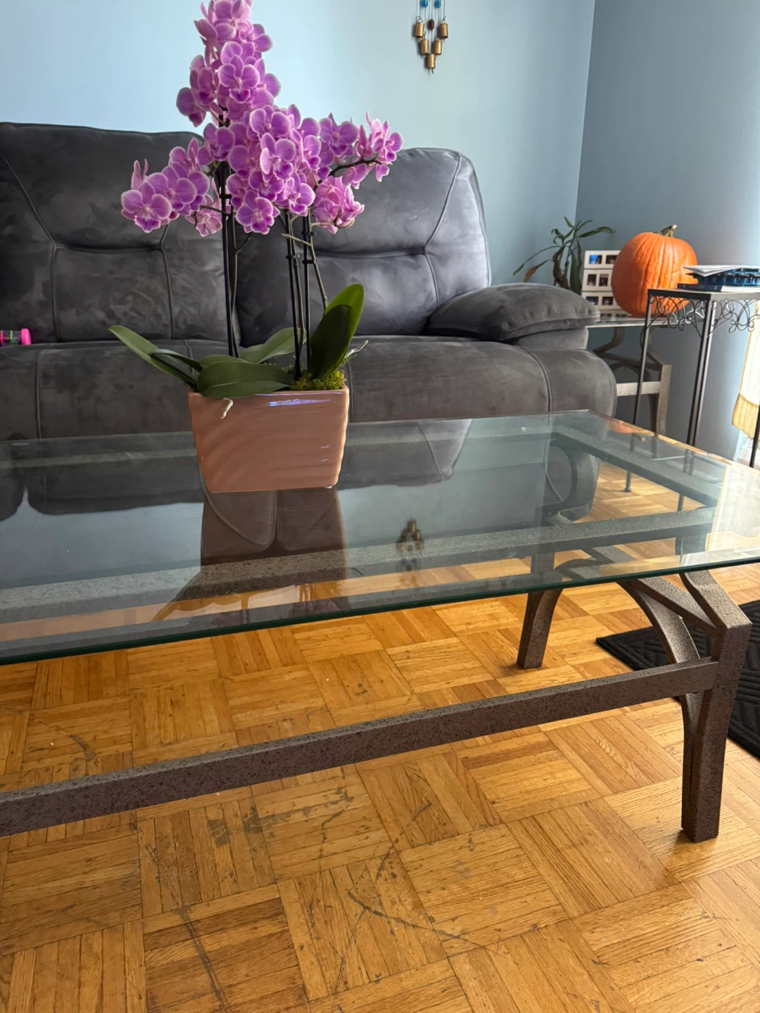 Glass-Top Coffee Table – Grey Textured Base - photo 3