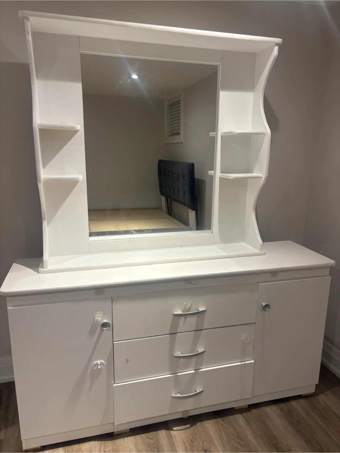 White Vanity with Mirror and Shelves