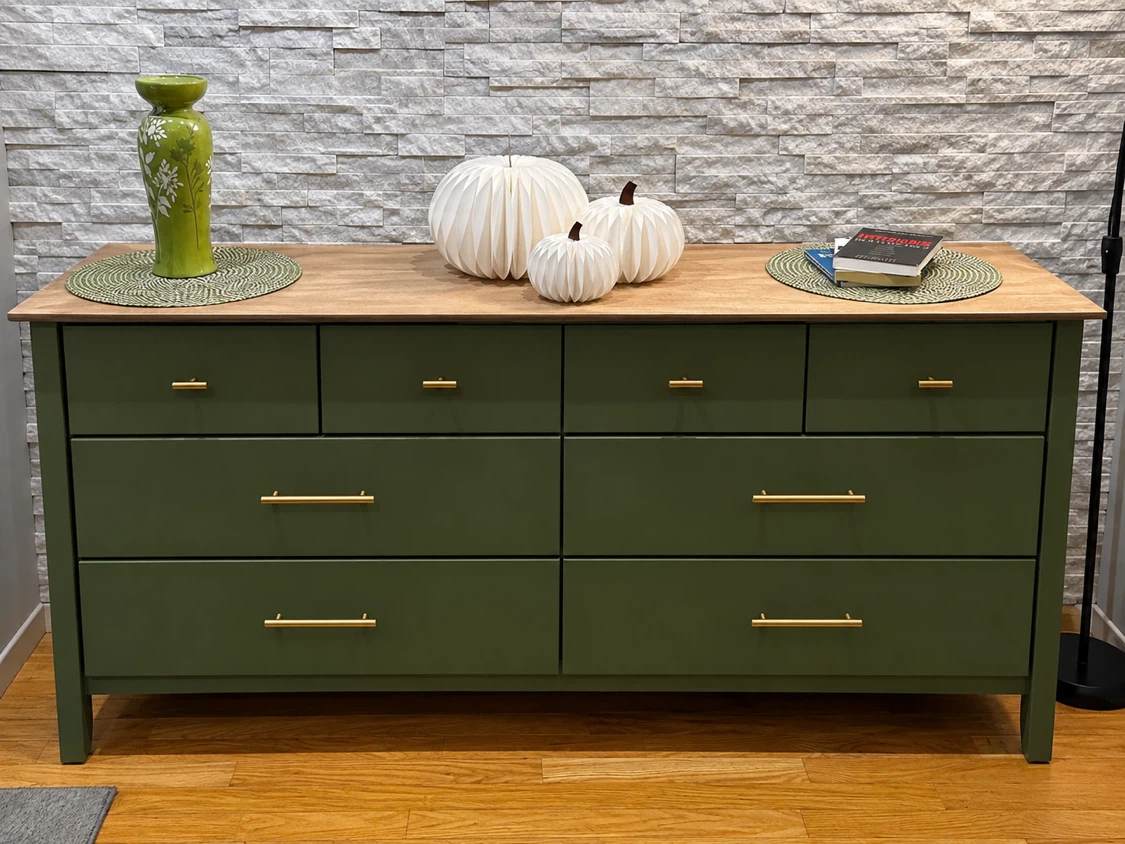 Green dresser with gold hardware