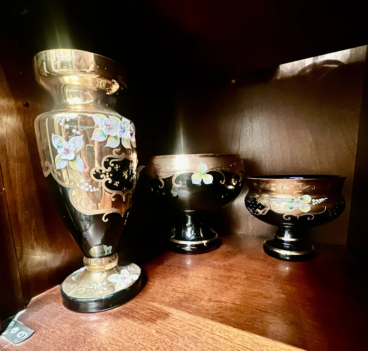Vintage Hand-Painted Dark Blue and Gold Glass Set