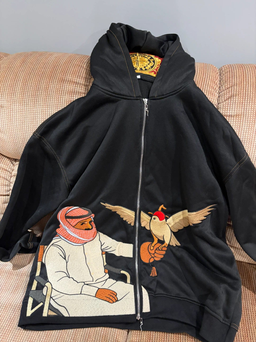 Black Full-Zip Hoodie with Embroidered Design