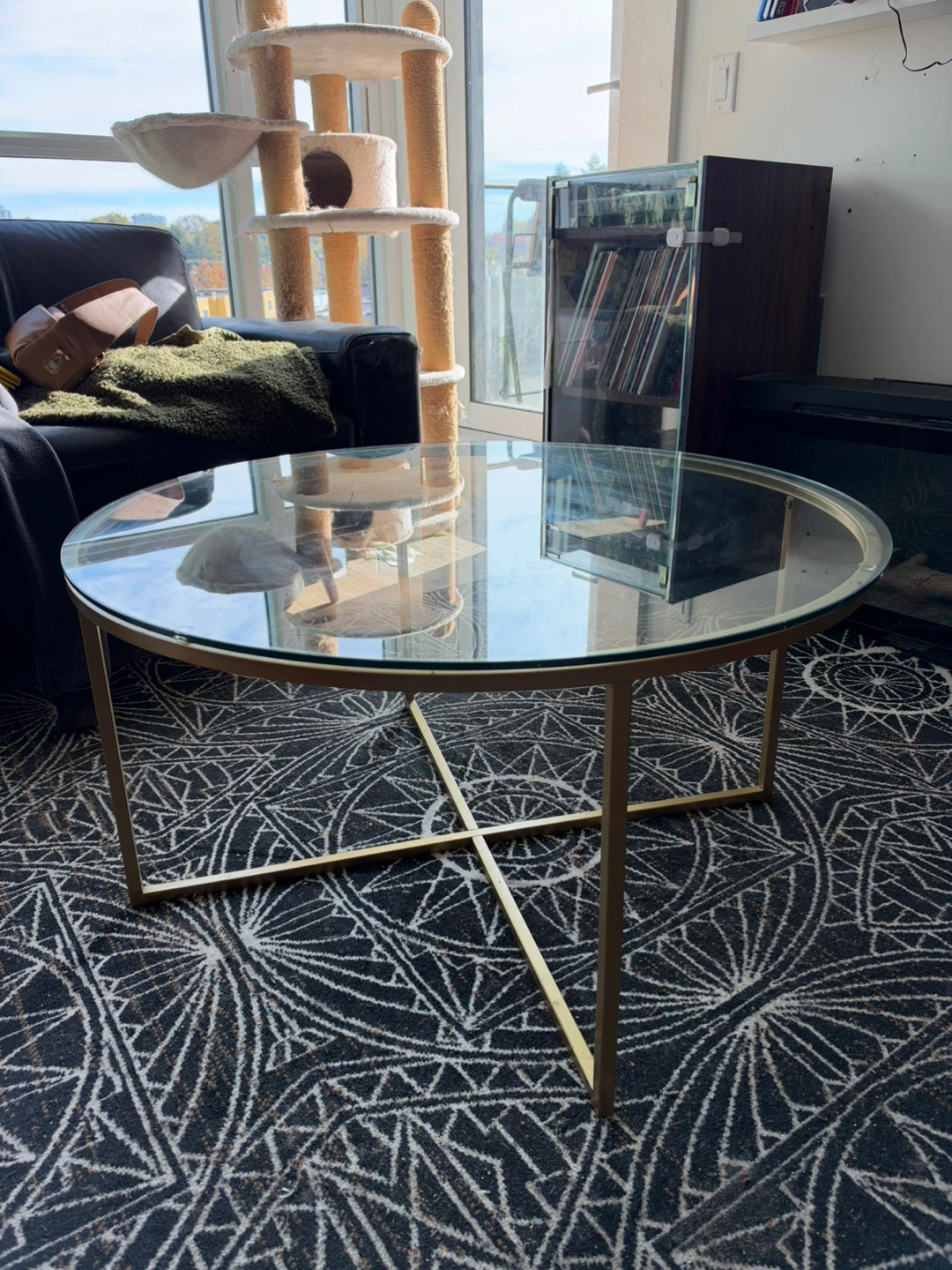 Round Glass Coffee Table with Gold Metal Base - photo 2