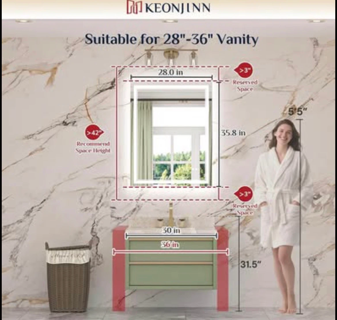 LED Bathroom Mirror 28 x 36 Inch, - photo 3