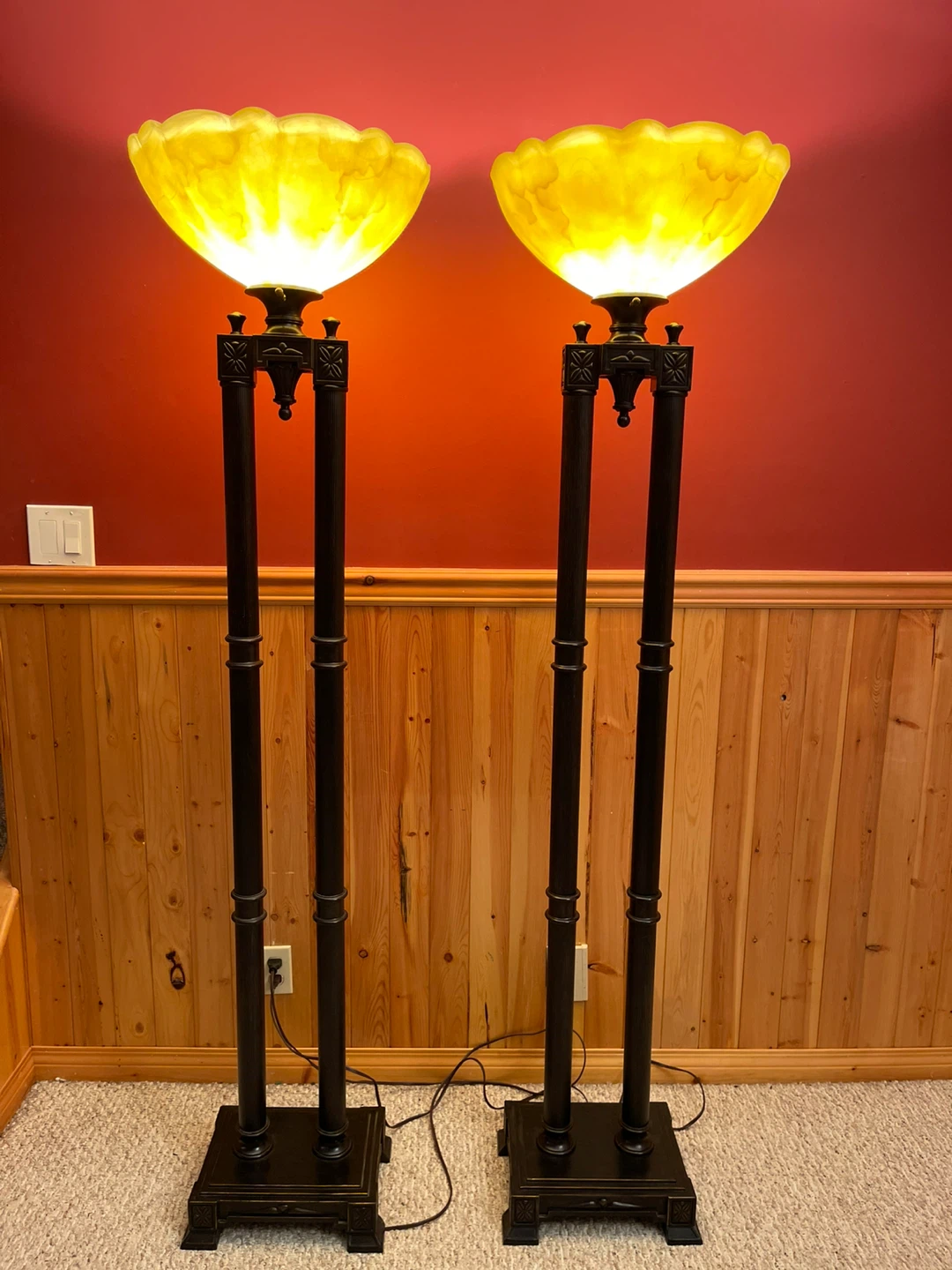 A large gorgeous amber stained glass torchiere floor lamp